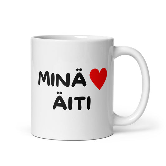 Valkoinen kahvikuppi lahjaksi, jossa teksti Minä rakastan äiti ja sydänsymboli.
