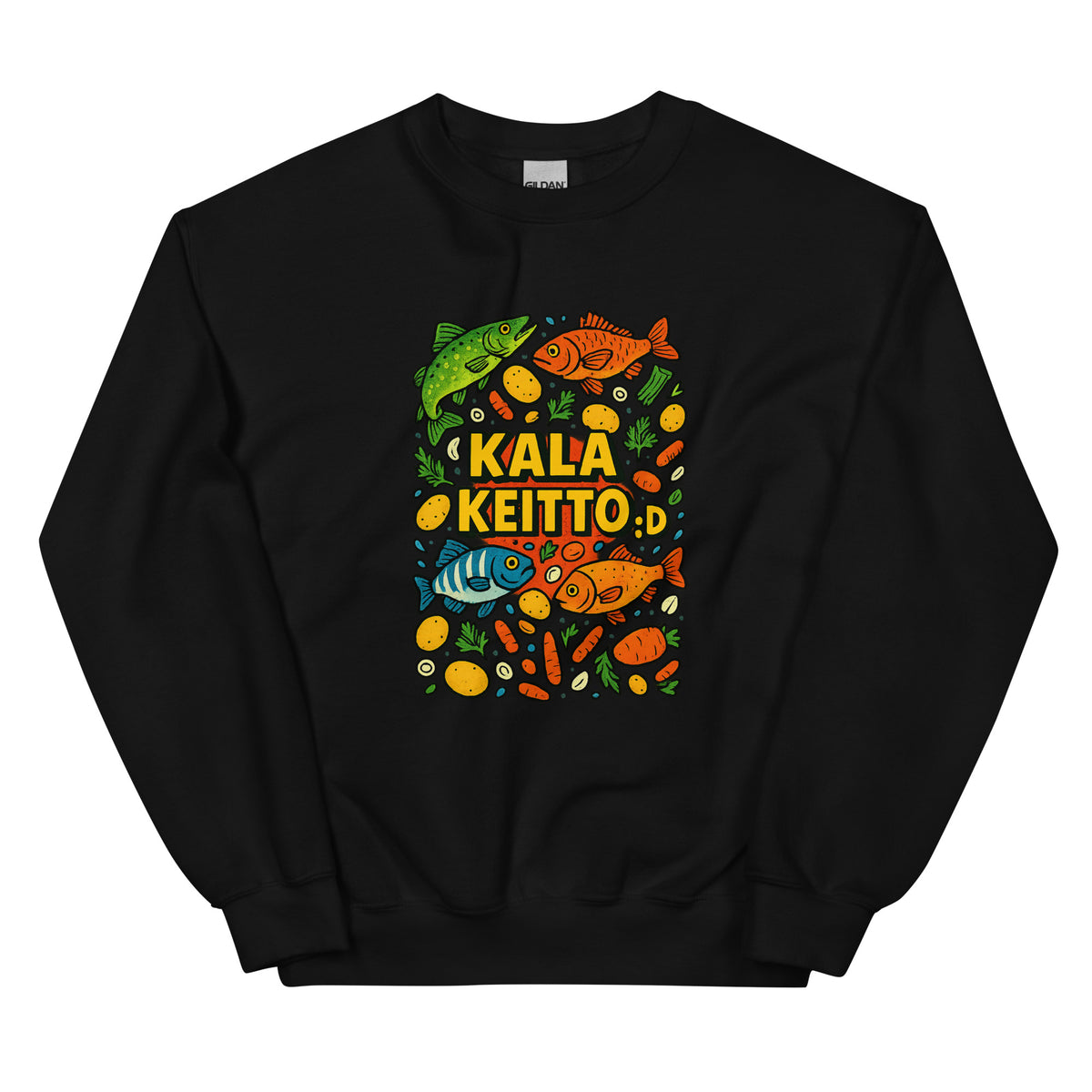 Meemirotta kalakeitto collegepaita mustalla pohjalla värikkäillä kalakuvilla