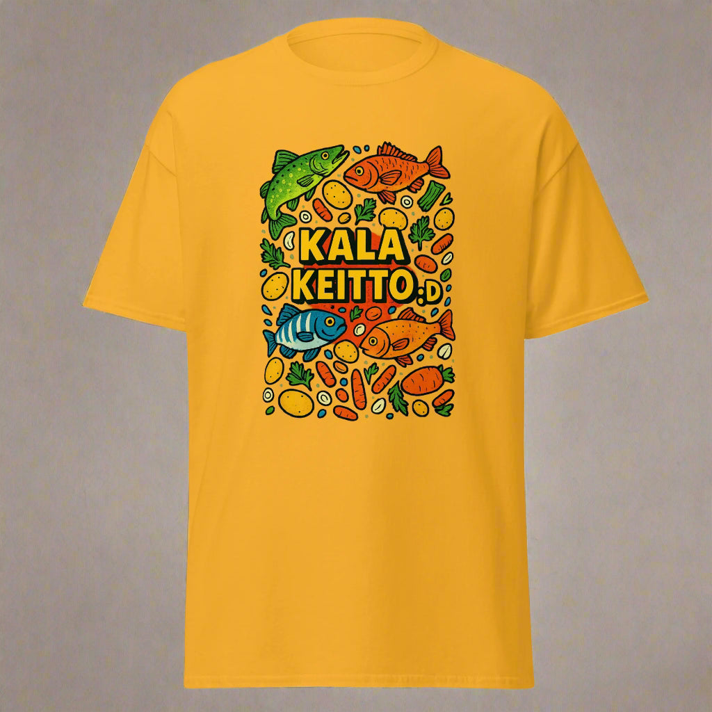 Keltainen kalakeitto t-paita värikkäällä kalateemalla ja eloisilla grafiikoilla