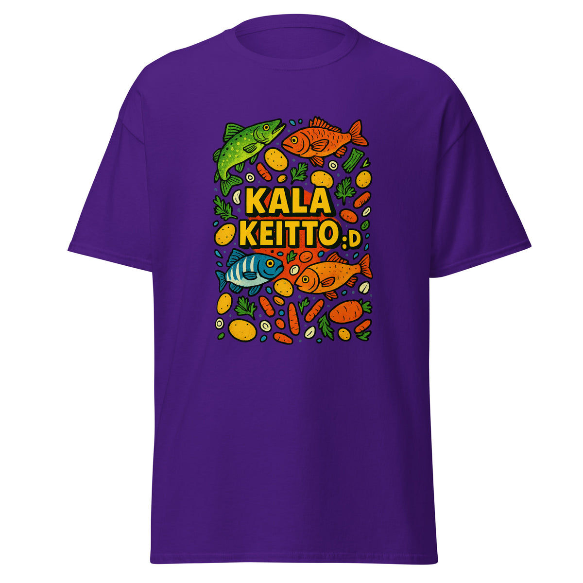 Meemirotta kalakeitto t-paita violettina, värikkäillä kalan ja ainesosien kuvilla