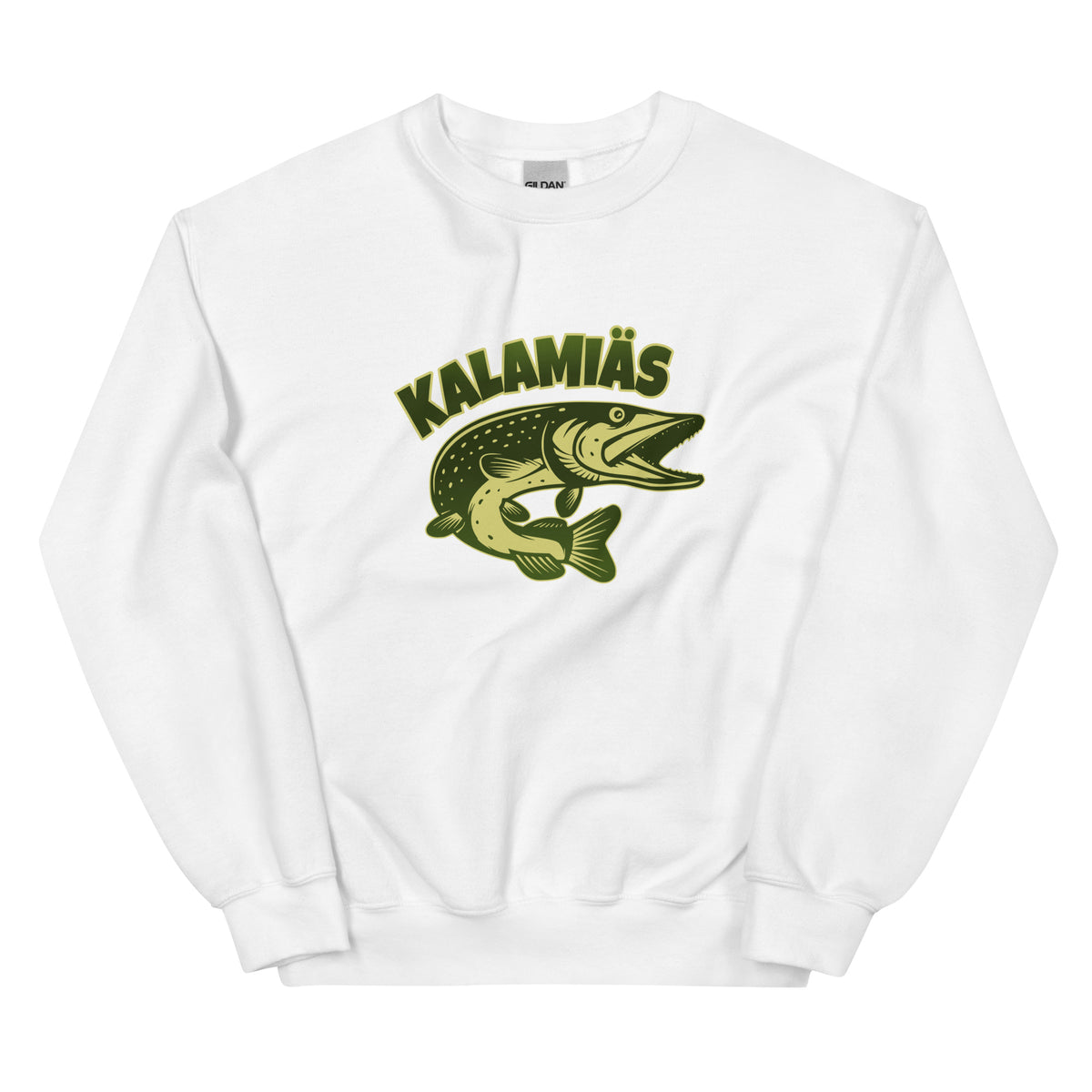 Valkoinen collegepaita kalamiäs-printillä kalastusfaneille ja rentoon tyyliin