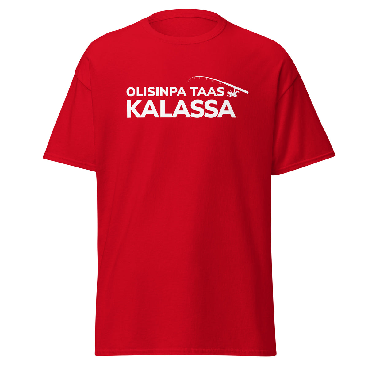 Punainen kalastusaiheinen t-paita, jossa teksti Olishinpa taas kalassa, Meemirotta merkki