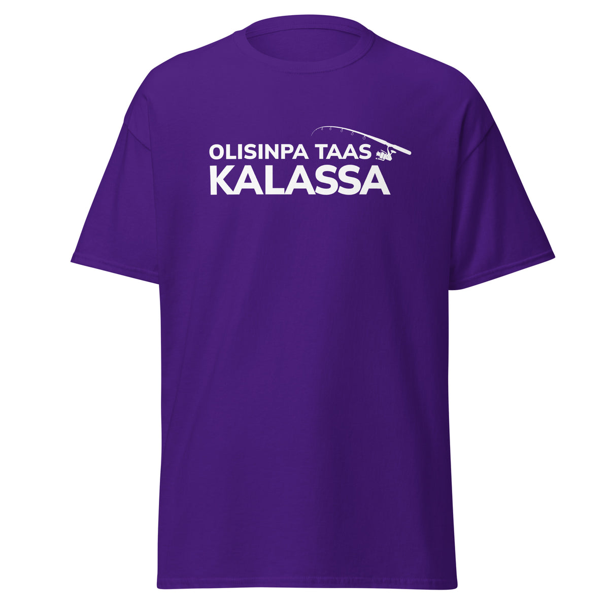 Meemirotta kalastusaiheinen t-paita purppurassa värissä ja hauska kala-aiheinen slogani