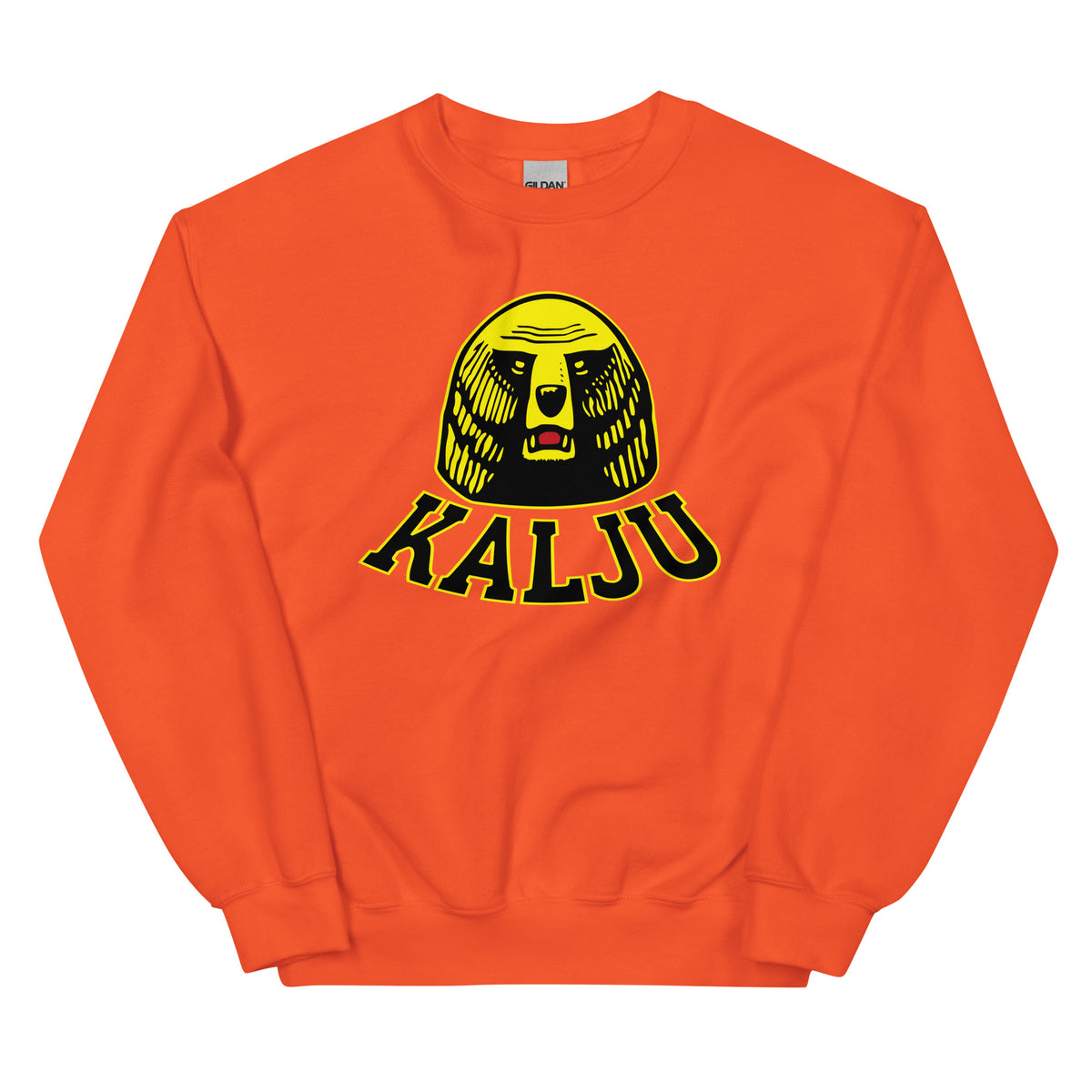 Meemirotta oranssi pitkähihaisen collegepaidan etuosa, jossa KALJU-logo