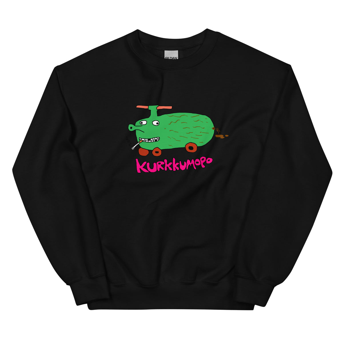 Kurkkumopo collegepaita mustalla taustalla, jossa värikäs kurkkumopo grafiikka