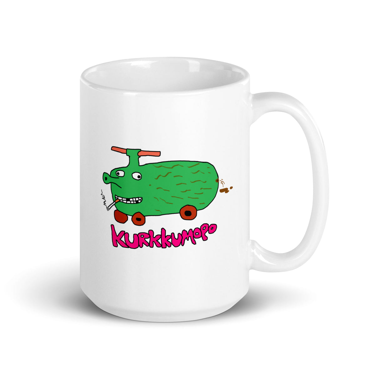 Kurkkumopo kahvikuppi Meemirotta designilla, vihreä käärme ja hauska kuvasto.