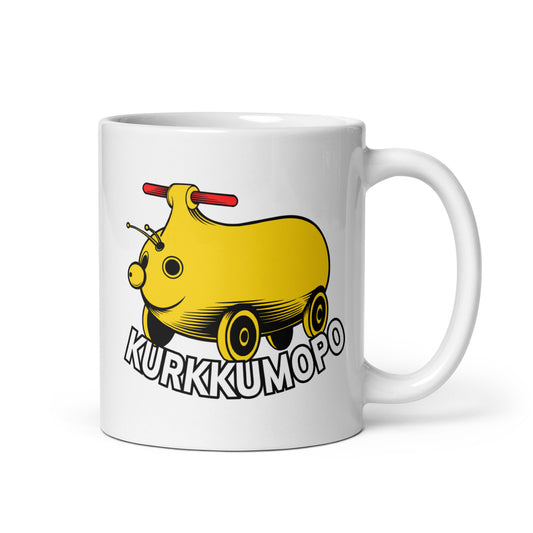 Meemirotta kurkkumopo muki keltaisella designilla ja rattailla, hauska ja leikkisä juomaastia