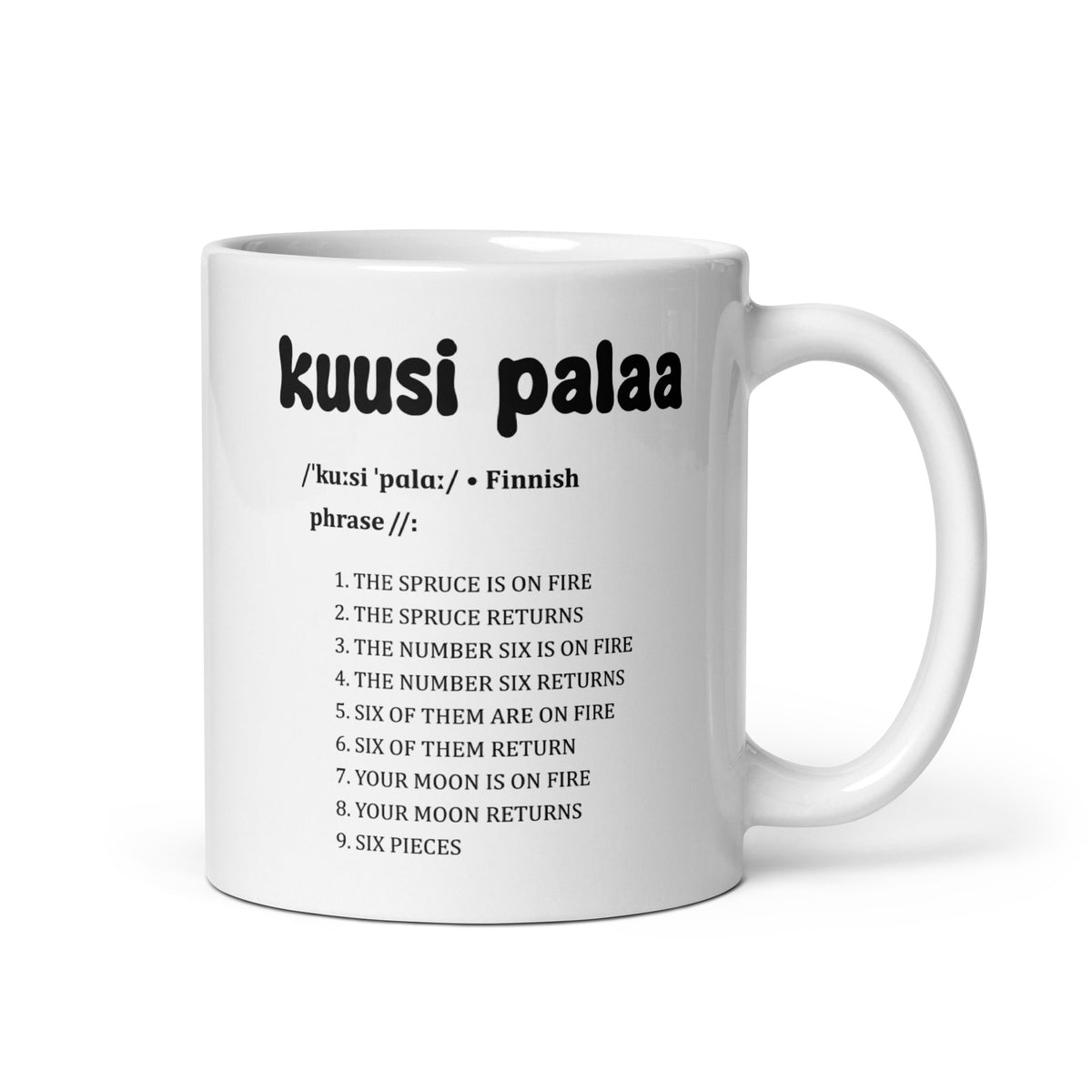 Mukki, jossa teksti kuusi palaa ja lista käännöksiä, hauska lahja suomen kielen ystäville