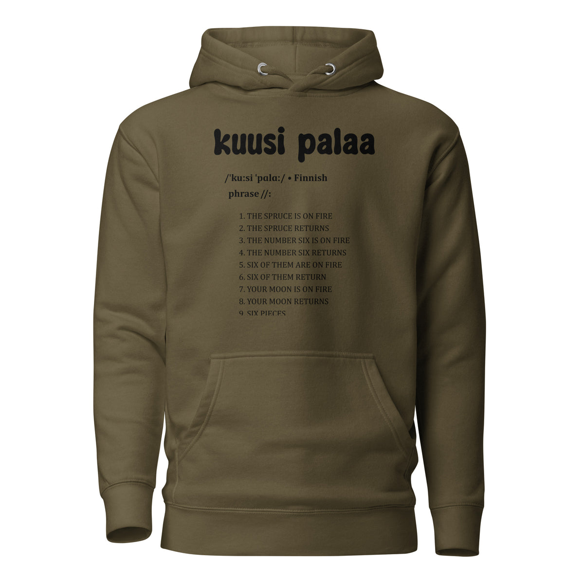 Vihreä huppari kuusi palaa -lauseella ja luettelolla suomeksi