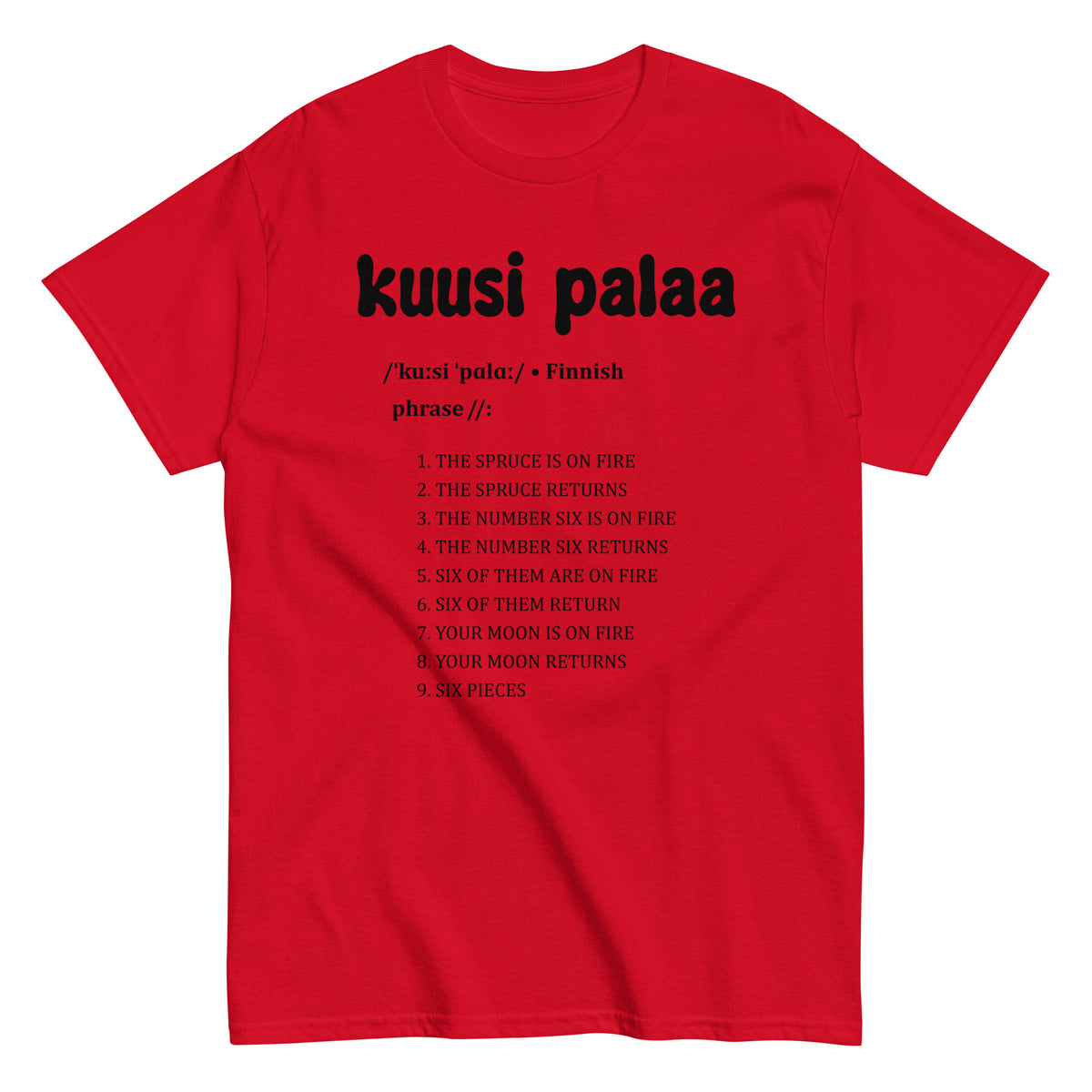 Punainen t-paita, jossa on teksti 'kuusi palaa' ja hauska selitys suomeksi