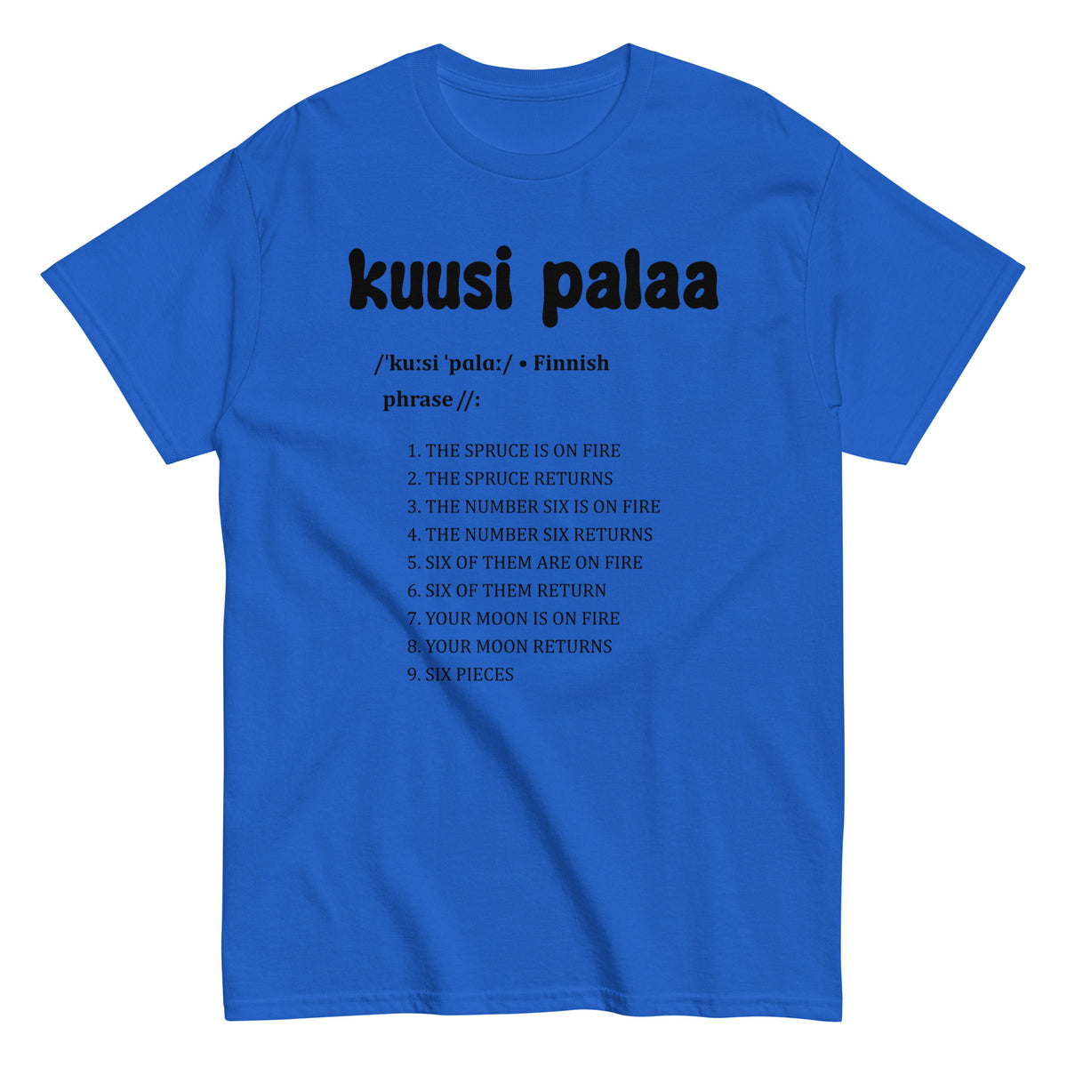 Sininen t-paita kuusi palaa -tekstillä, jossa suomalainen lause ja luettelo.