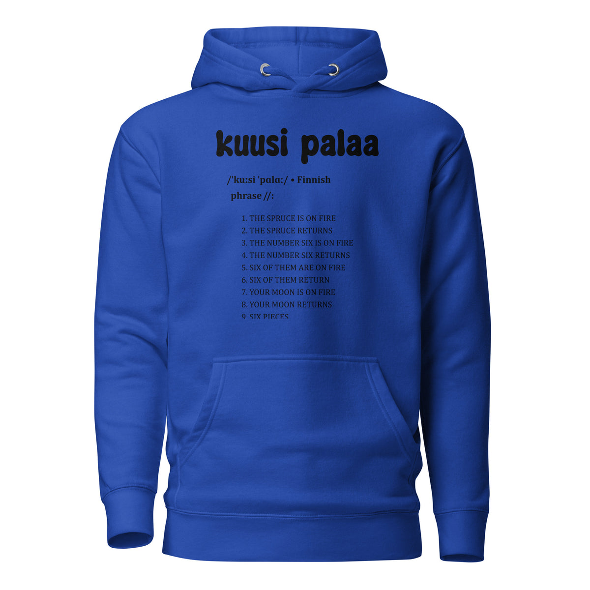 Sininen huppari kuusi palaa -lausekkeella, mukava ja tyylikäs jokapäiväiseen käyttöön