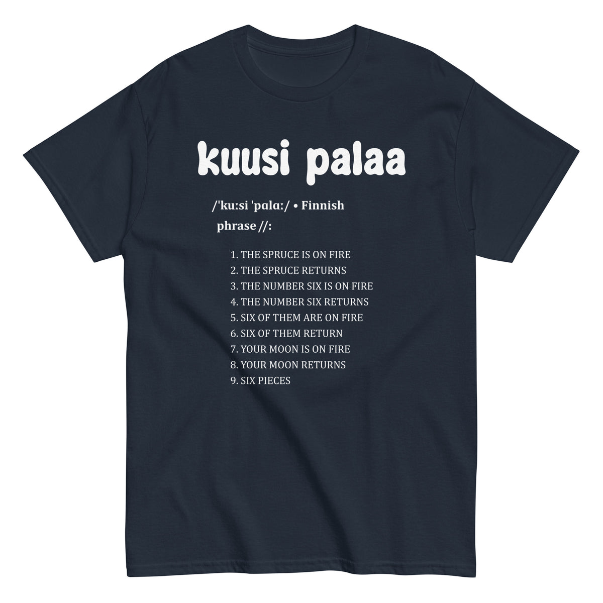 Tumman sininen t-paita, jossa teksti 'kuusi palaa' ja hauska kuvausnumeroita