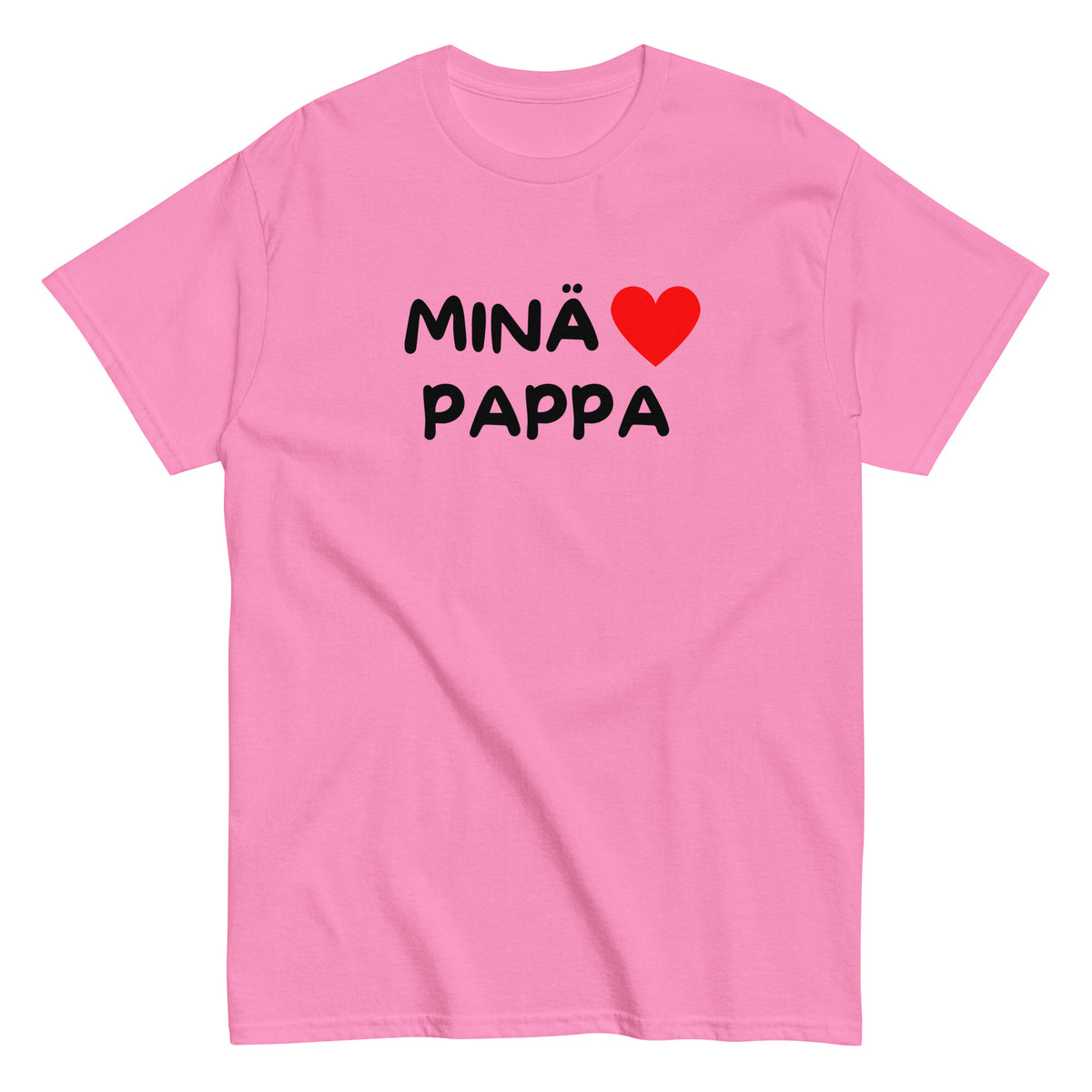 Vaaleanpunainen t-paita, jossa lukee 'MINÄ♥ PAPA' äitienpäivälahjaksi