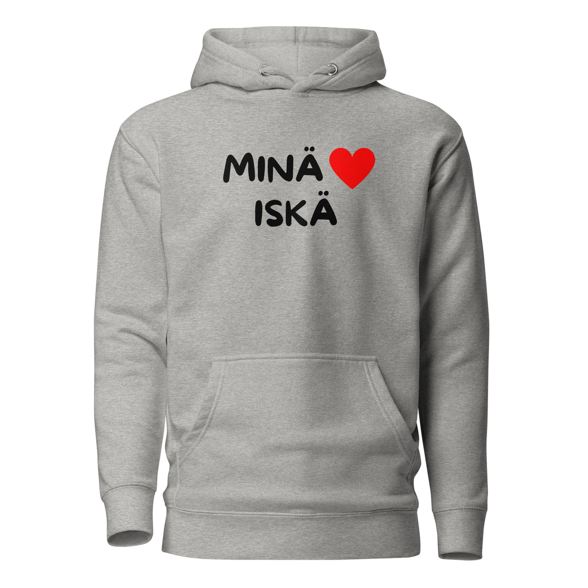 Harmaa huppari, jossa teksti 'MINÄ <3 ISKÄ', täydellinen lahjaidea huppari isille