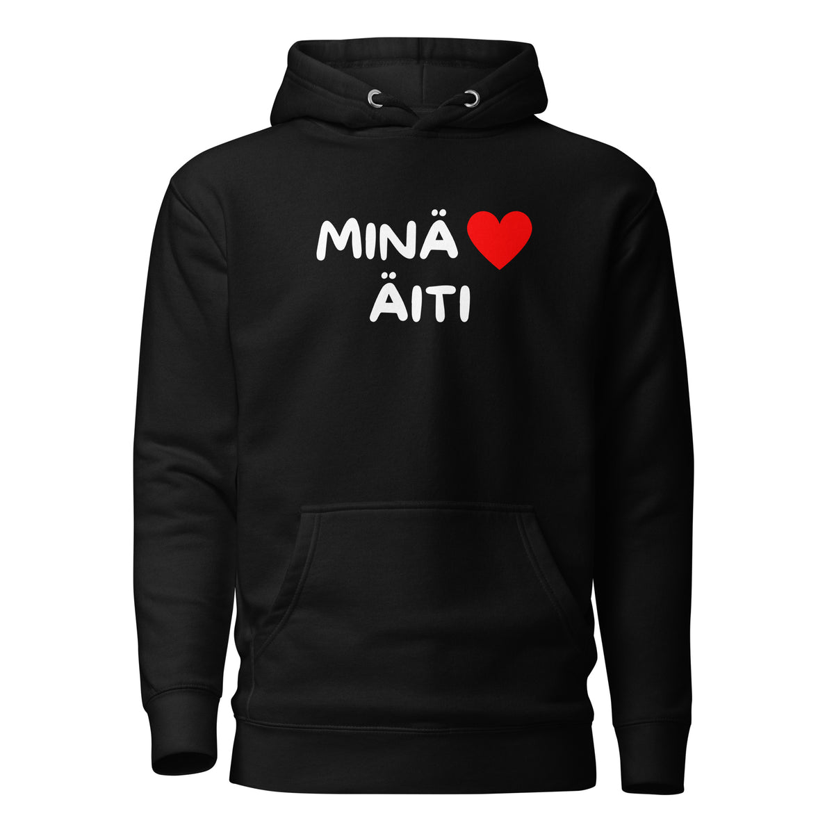 Mustassa hupparissa teksti 'MINÄ ♥ ÄITI' lahjaidea huppari äideille