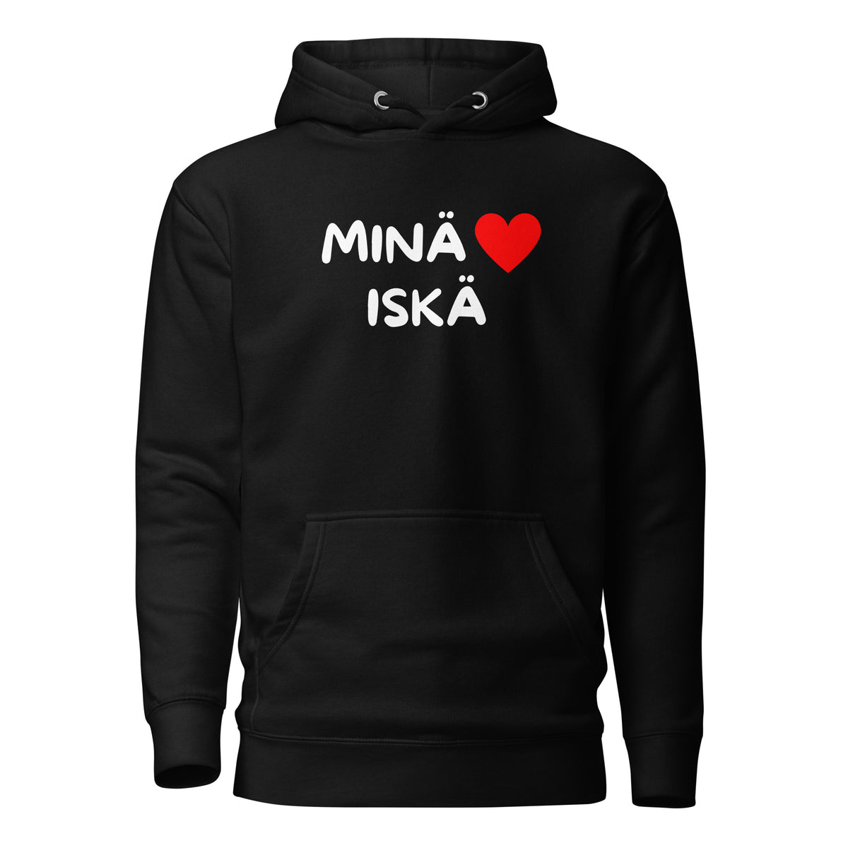 Musta huppari, jossa teksti 'MINÄ ♥ ISKÄ'. Täydellinen lahjaidea huppari isälle.