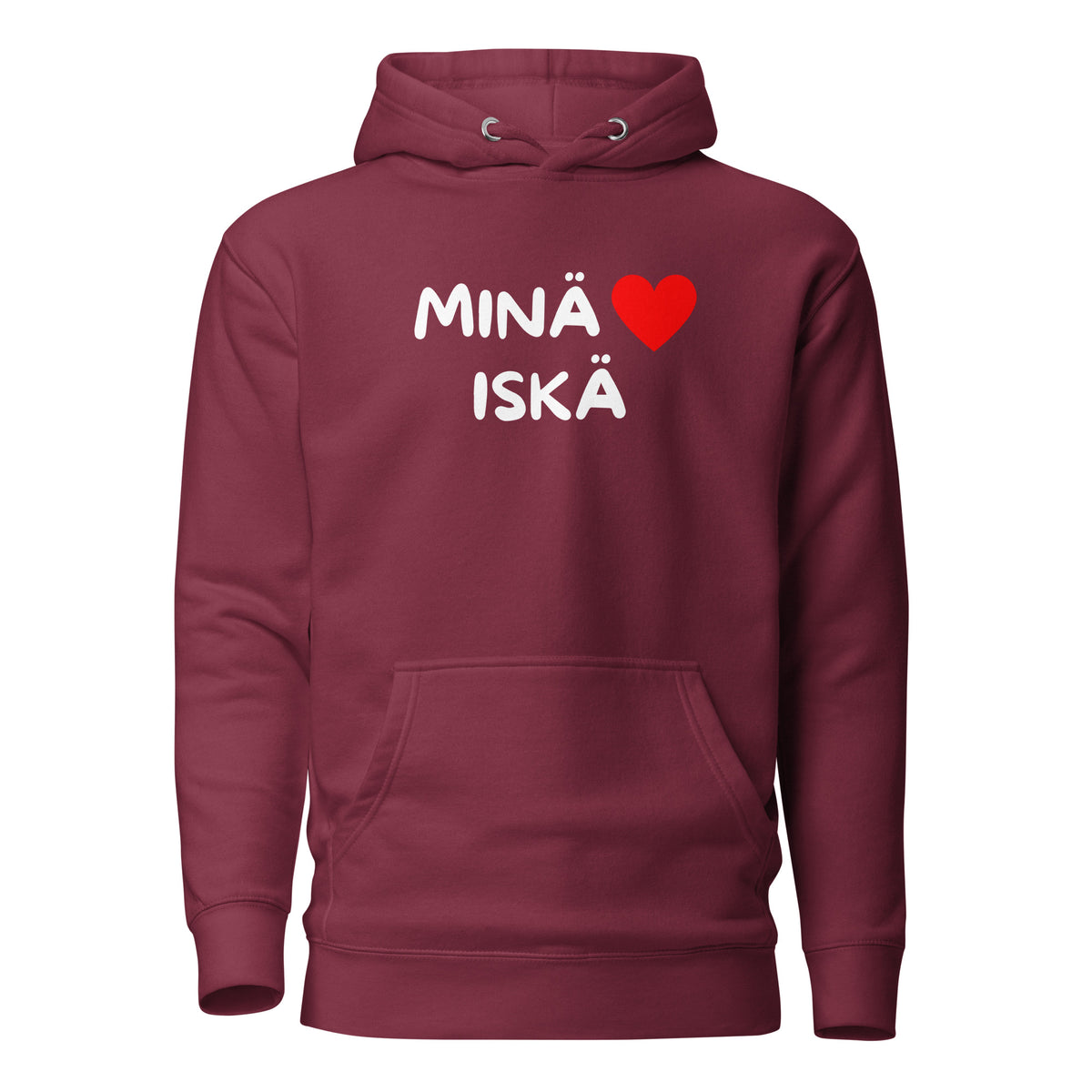 Bordeaux-värinen huppari, jossa teksti Minä ♥ Iskä, hyvä lahjaidea huppari isälle