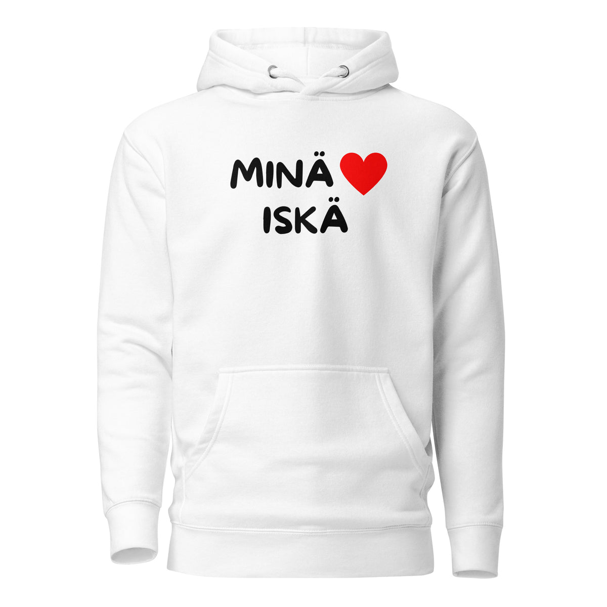 Valkoinen huppari tekstillä 'MINÄ ♥ ISKÄ', täydellinen lahjaidea huppari isille