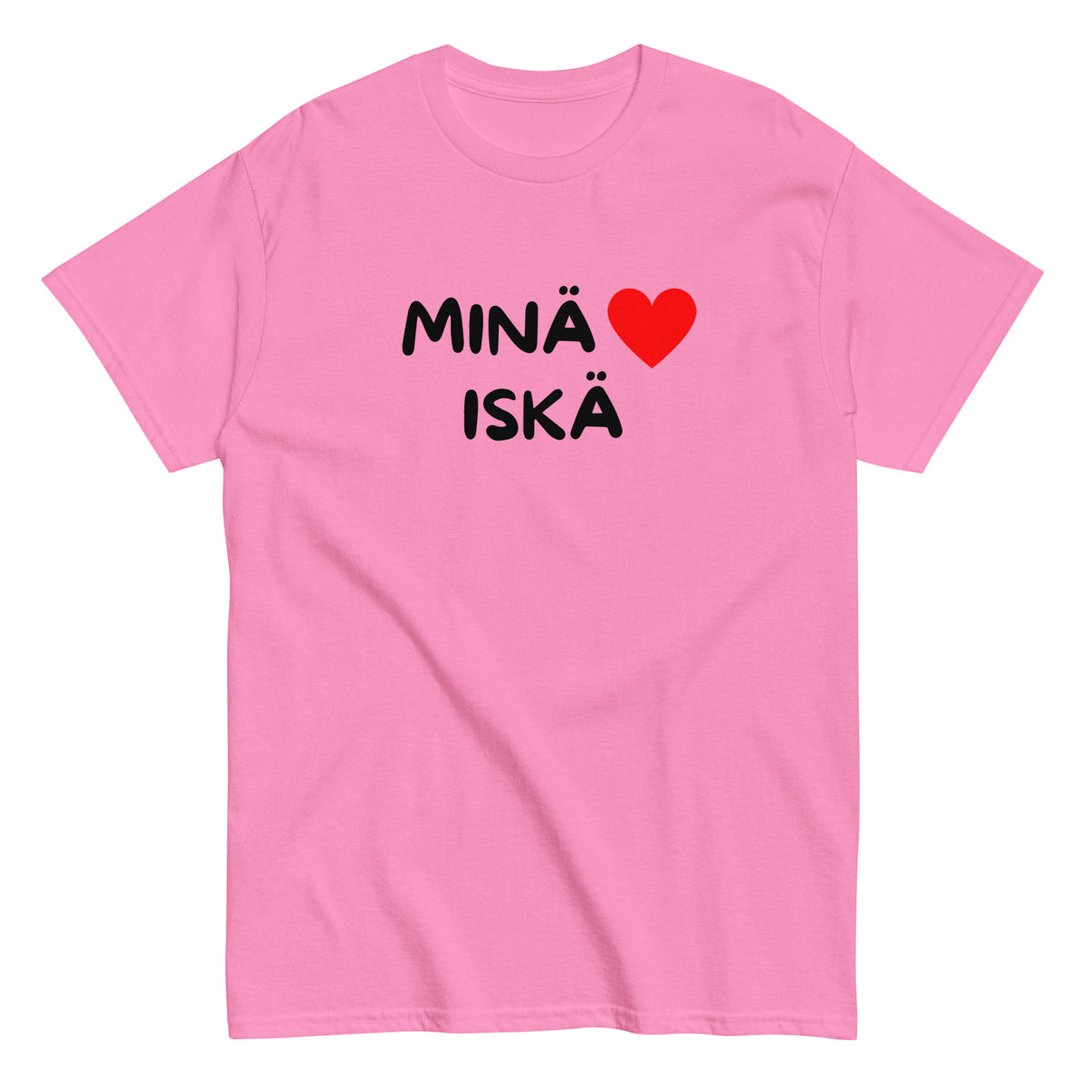 Vaaleanpunainen t-paita tekstillä 'MINÄ ♥ ISKÄ', täydellinen isänpäivälahja