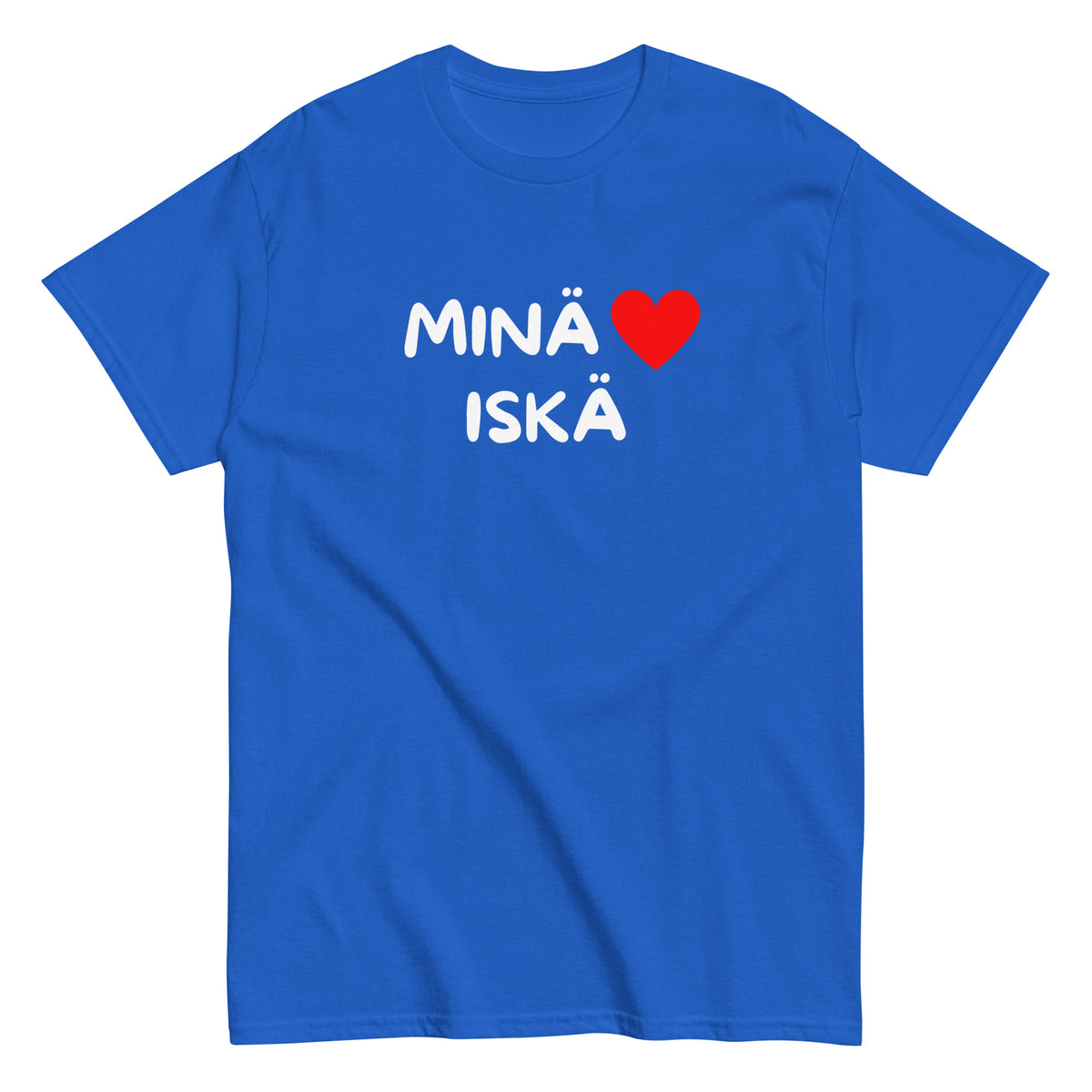 Sininen t-paita, jossa teksti 'MINÄ ❤️ ISKÄ', täydellinen isänpäivälahja.