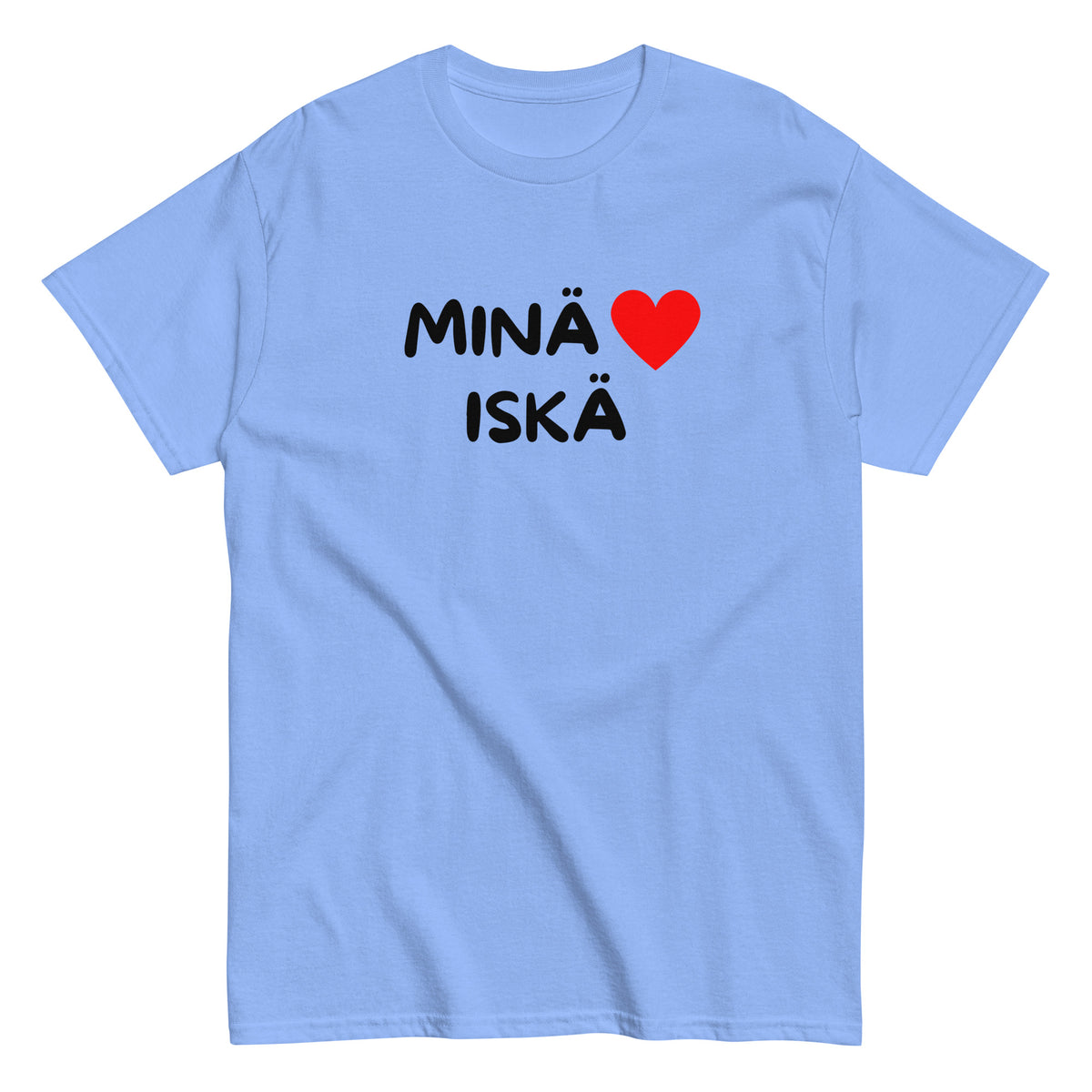 Sininen T-paita, jossa teksti MINÄ ♥ ISKÄ, täydellinen isänpäivälahja.