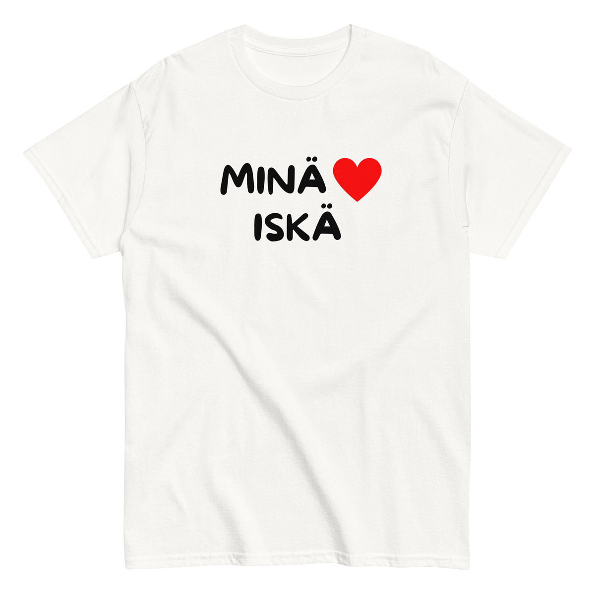 Valkoinen t-paita, jossa teksti 'MINÄ ♥ ISKÄ', täydellinen isänpäivälahja