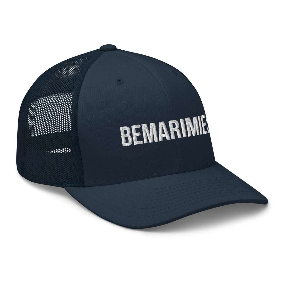 Tummansininen lippis lahjaksi, mainosrukous tekstillä BEMARIMIES.