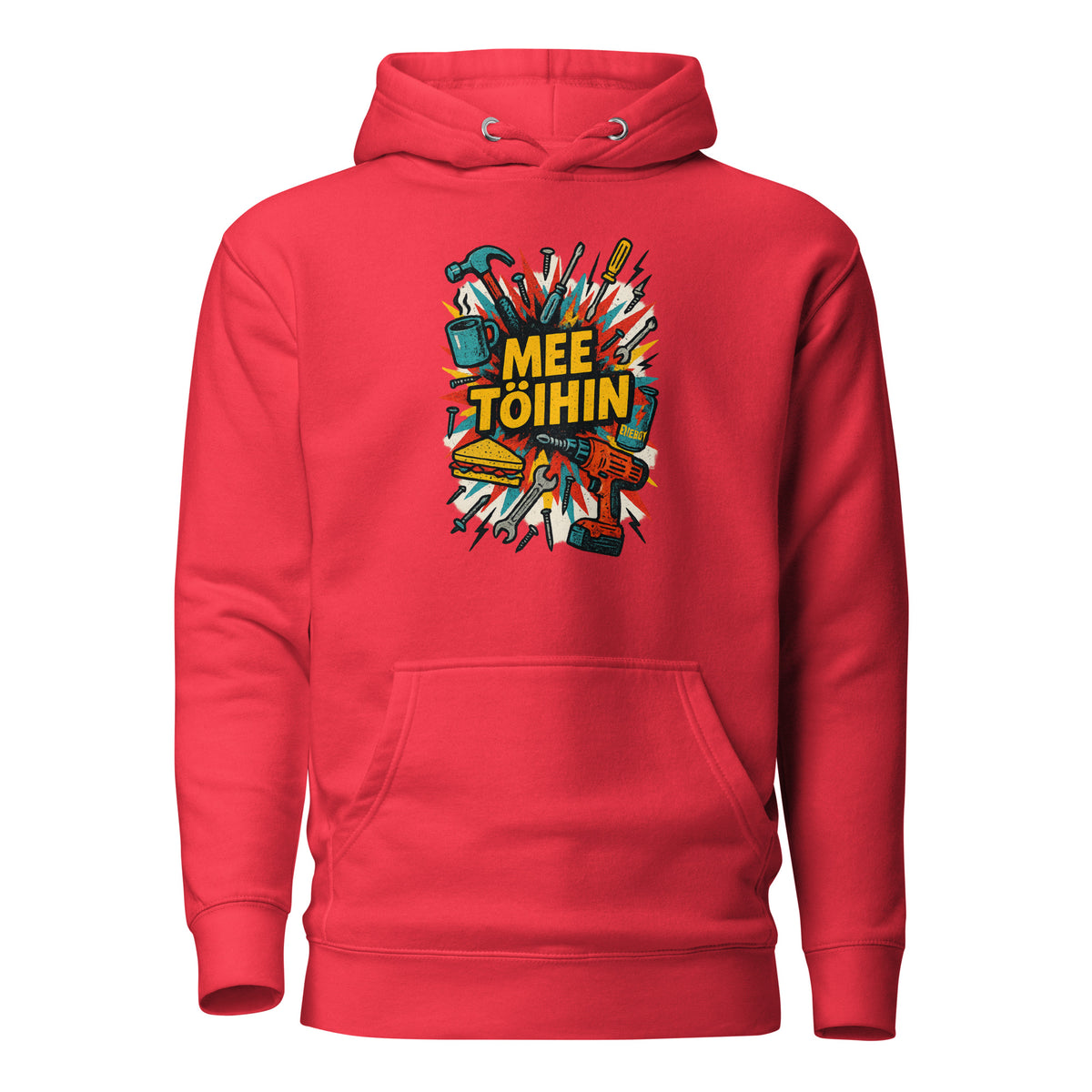 Punainen mee töihin huppari, jossa värikäs työkaluteema ja iso logo edessä
