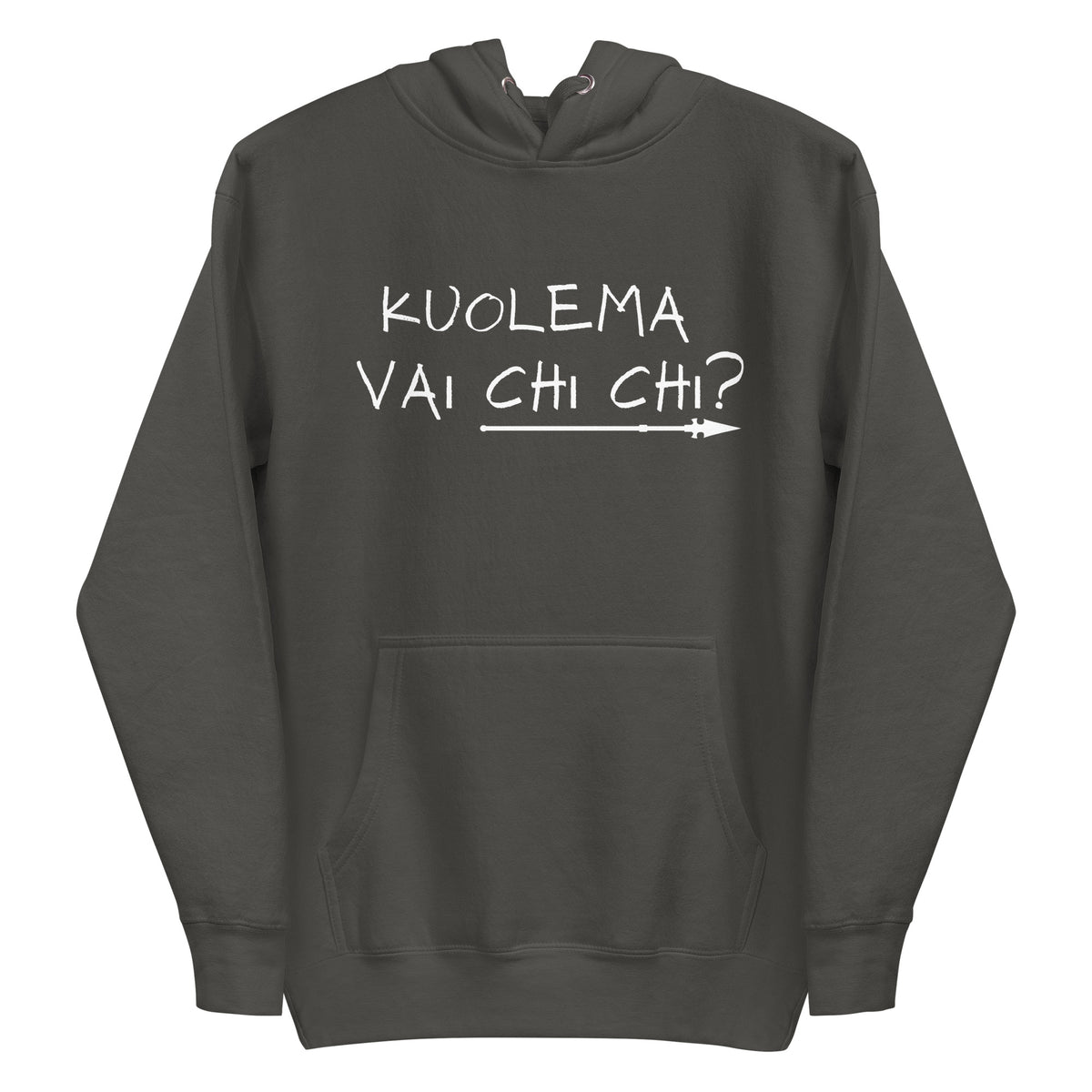 Meemi huppari tummanharmaana, jossa valkoinen teksti 'KUOLEMA VAI CHI CHI?' edessä