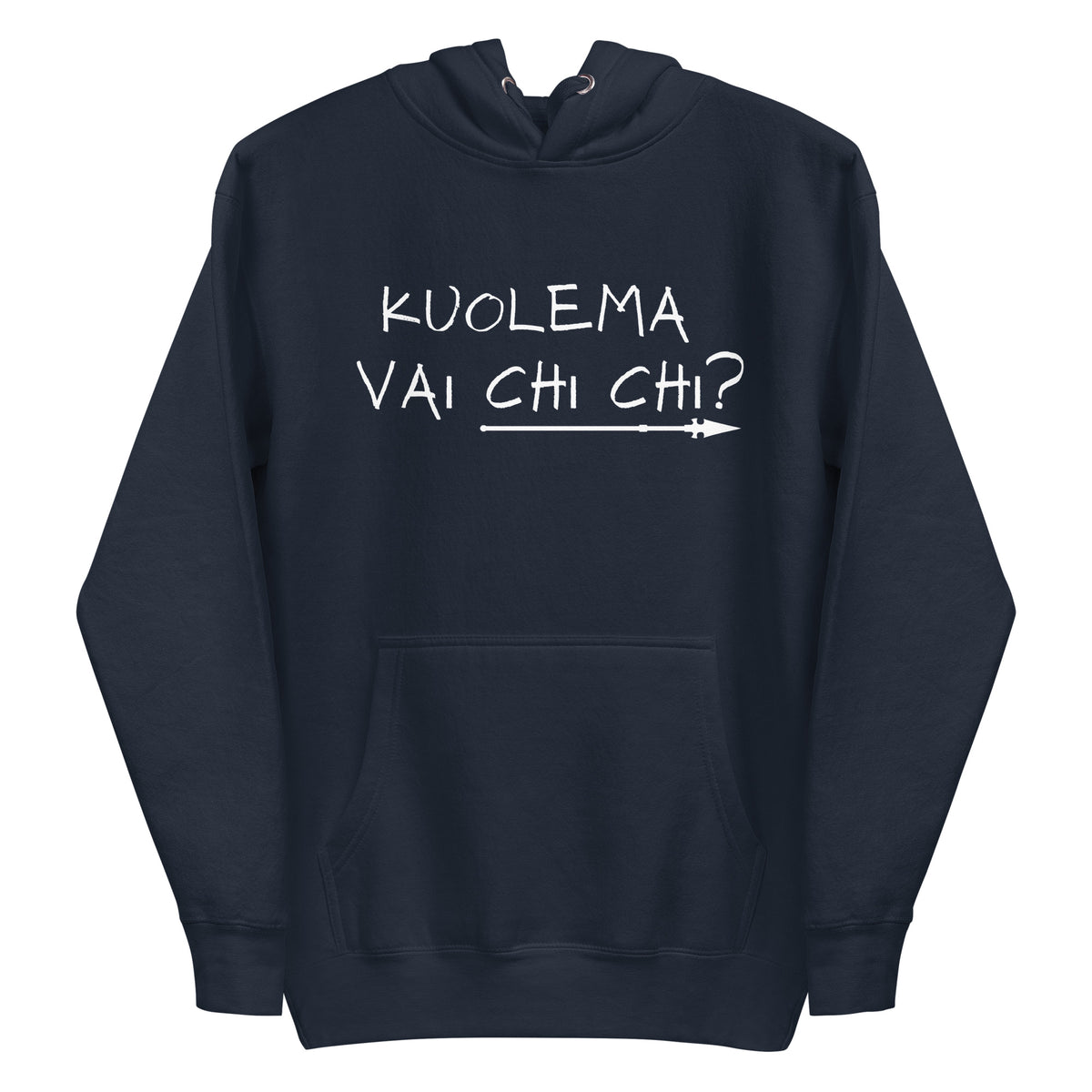Meemi huppari tummansinisellä taustalla, jossa teksti Kuolema vai chi chi?