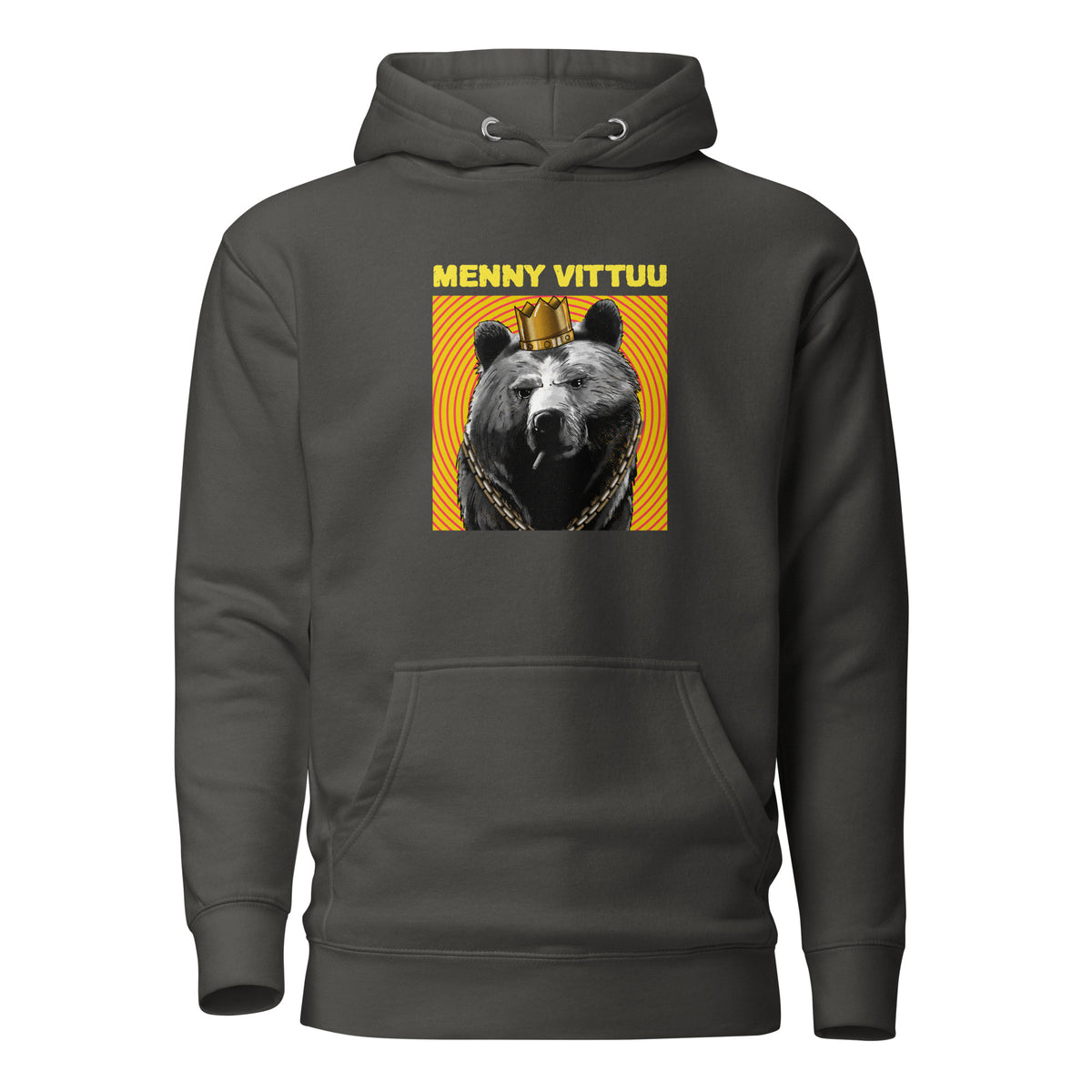 Menny Vittuu huppari, musta huppari, karhukuva ja kultaketju printti edessä