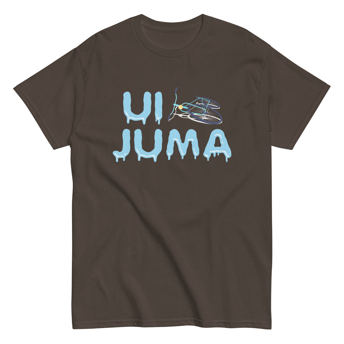 Esittelyssä Meemirottan Ui Juma T-Paita, musta T-paita, jossa on teksti "UI JUMA" ainutlaatuisessa sinisessä sulavassa tyylissä. Siinä on kuvitettu polkupyörä U-kirjaimen yläpuolella, mikä tekee tästä hauskasta paidasta täydellisen lahjaidean, joka yhdistää vaivattomasti oikeita ja siistejä.