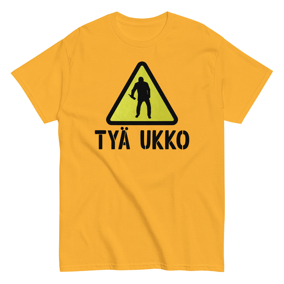 Meemirottan Tyä Ukko T-Paita on keltainen t-paita, jossa on kolmiomaisen varoituskyltin sisällä rakennustyöläisen musta siluetti, jonka alapuolella näkyvästi "TYÖ UKKO". Tämä hauska paita on ihanteellinen lahjaidea meemivaatteiden ystäville.