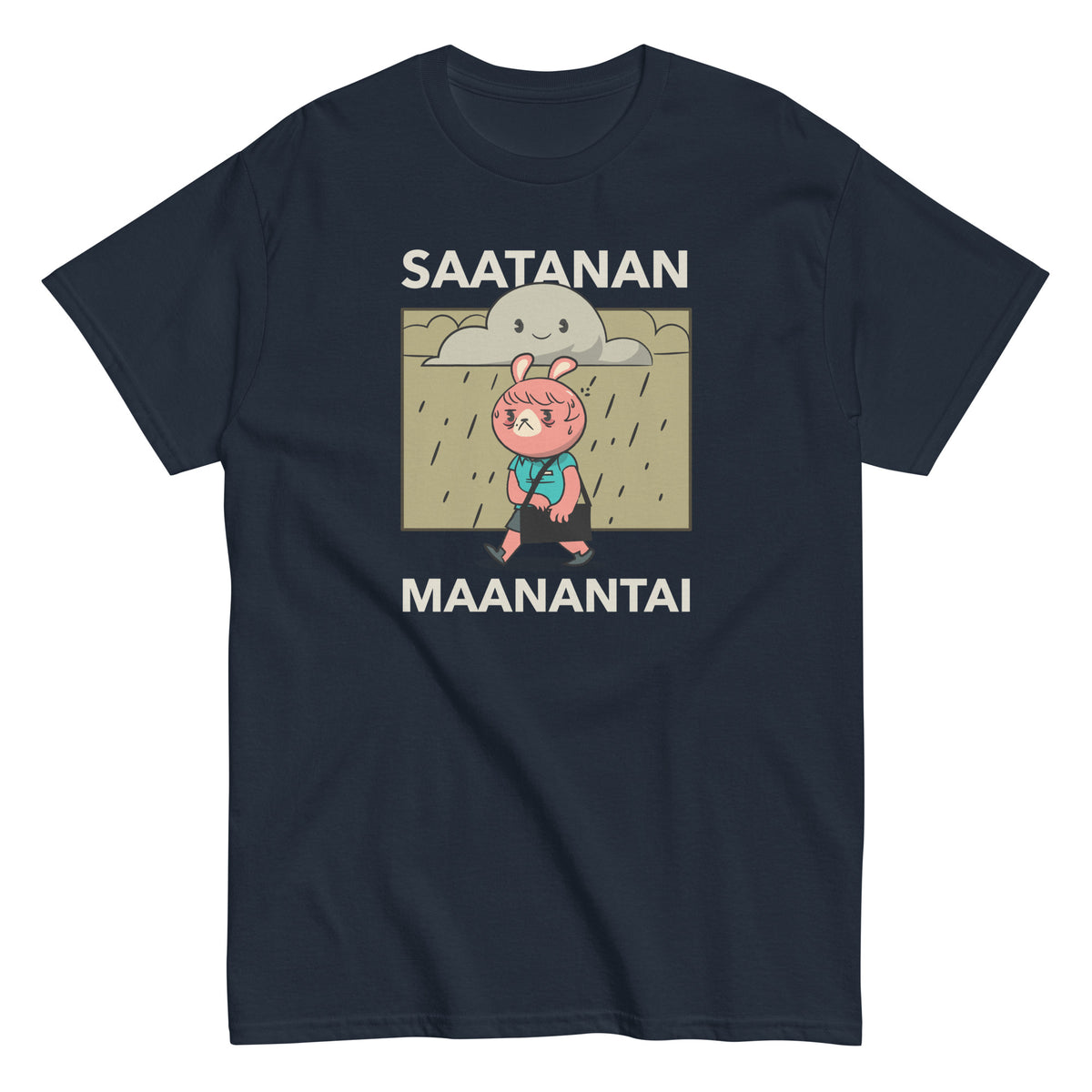 Meemirottan Maanantai T-Paita sisältää sarjakuvakuvan ärtyneestä vaaleanpunaisesta hahmosta tummien pilvien alla, ja sen ylä- ja alapuolelle on kirjoitettu "SAATANAN MAANANTAI". Ihanteellinen meemivaatteiden ystäville, tämä laivastonsininen T-paita on leikkisä lisä jokaiseen vaatekaappiin.