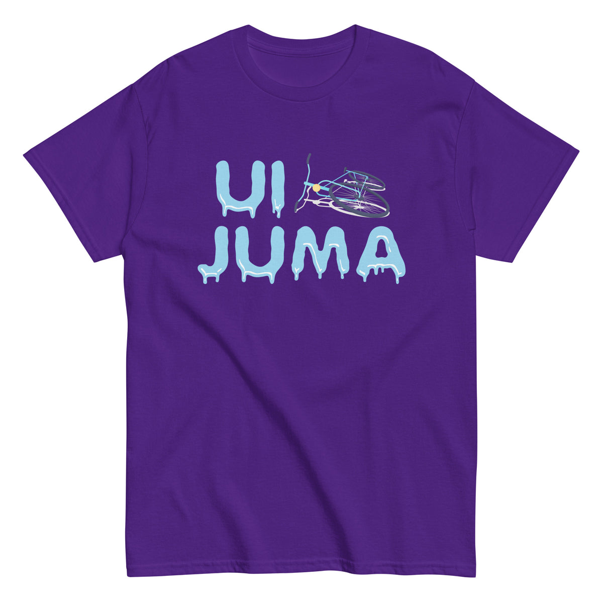 Esittelyssä Meemirottan Ui Juma T-Paita, musta T-paita, jossa on teksti "UI JUMA" ainutlaatuisessa sinisessä sulavassa tyylissä. Siinä on kuvitettu polkupyörä U-kirjaimen yläpuolella, mikä tekee tästä hauskasta paidasta täydellisen lahjaidean, joka yhdistää vaivattomasti oikeita ja siistejä.
