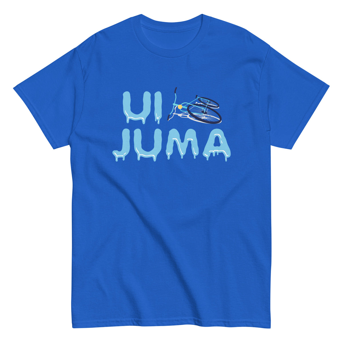 Esittelyssä Meemirottan Ui Juma T-Paita, musta T-paita, jossa on teksti "UI JUMA" ainutlaatuisessa sinisessä sulavassa tyylissä. Siinä on kuvitettu polkupyörä U-kirjaimen yläpuolella, mikä tekee tästä hauskasta paidasta täydellisen lahjaidean, joka yhdistää vaivattomasti oikeita ja siistejä.