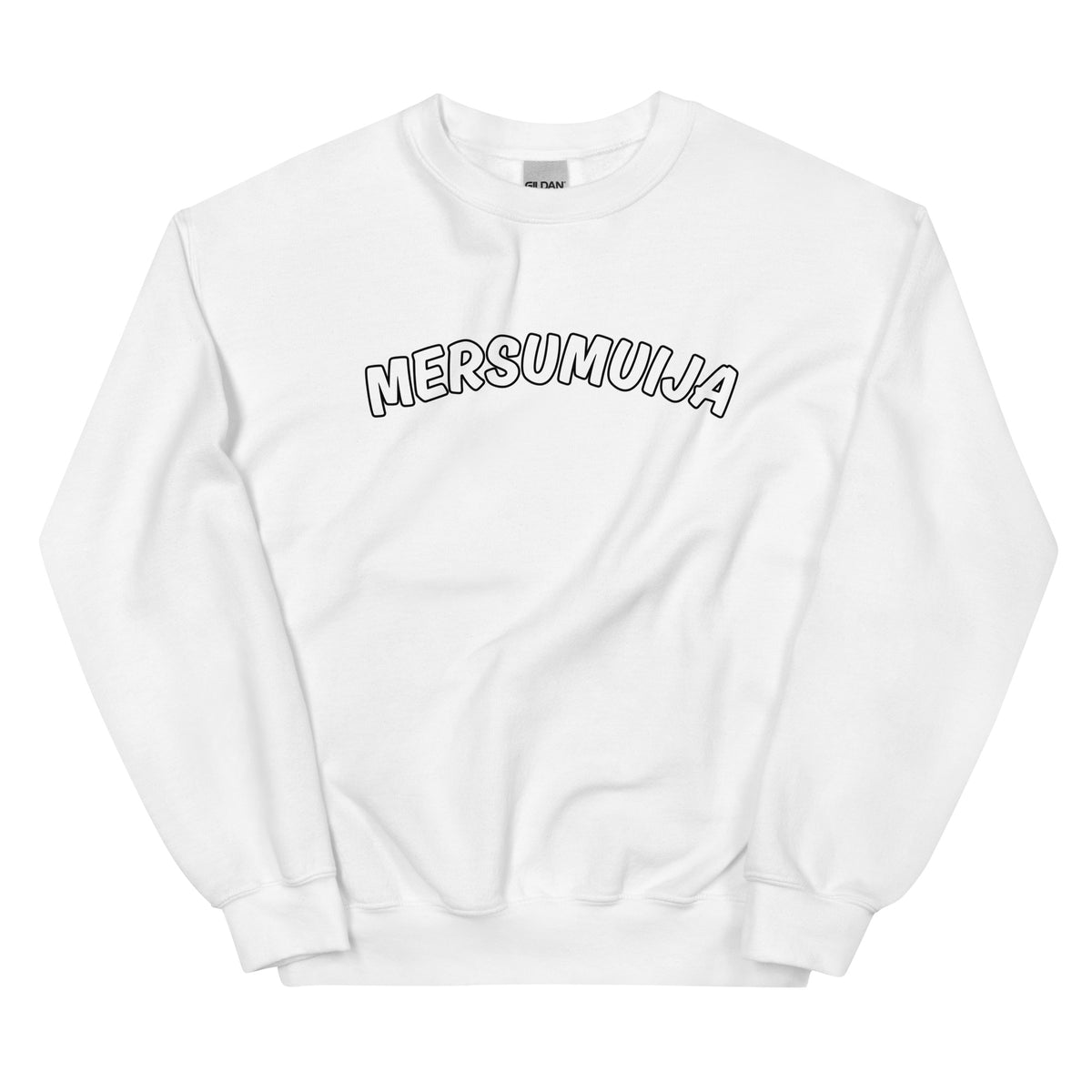 Valkoinen mersumuija collegepaita, jonka edessä on suurikokoinen printti
