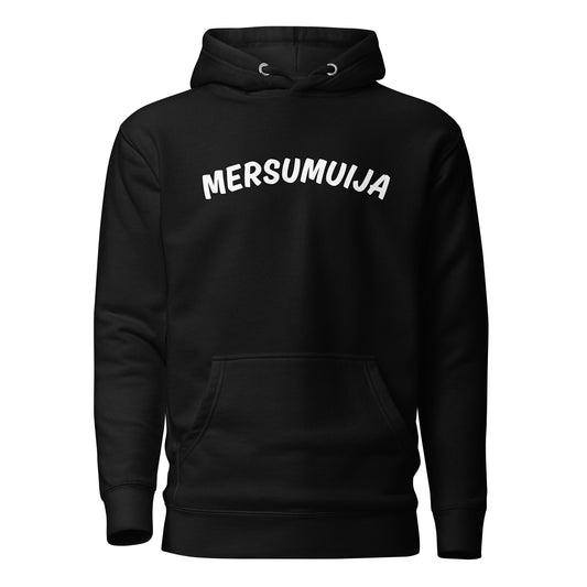 Mustassa mersumuija hupparissa on valkoinen teksti ja kangaskangasta miellyttävästi.