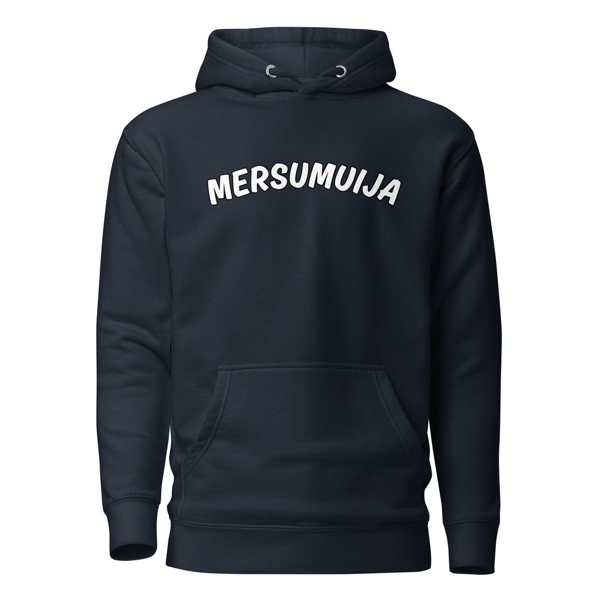 Mersumuija huppari tummansinisellä pohjalla, jossa valkoinen logo edessä