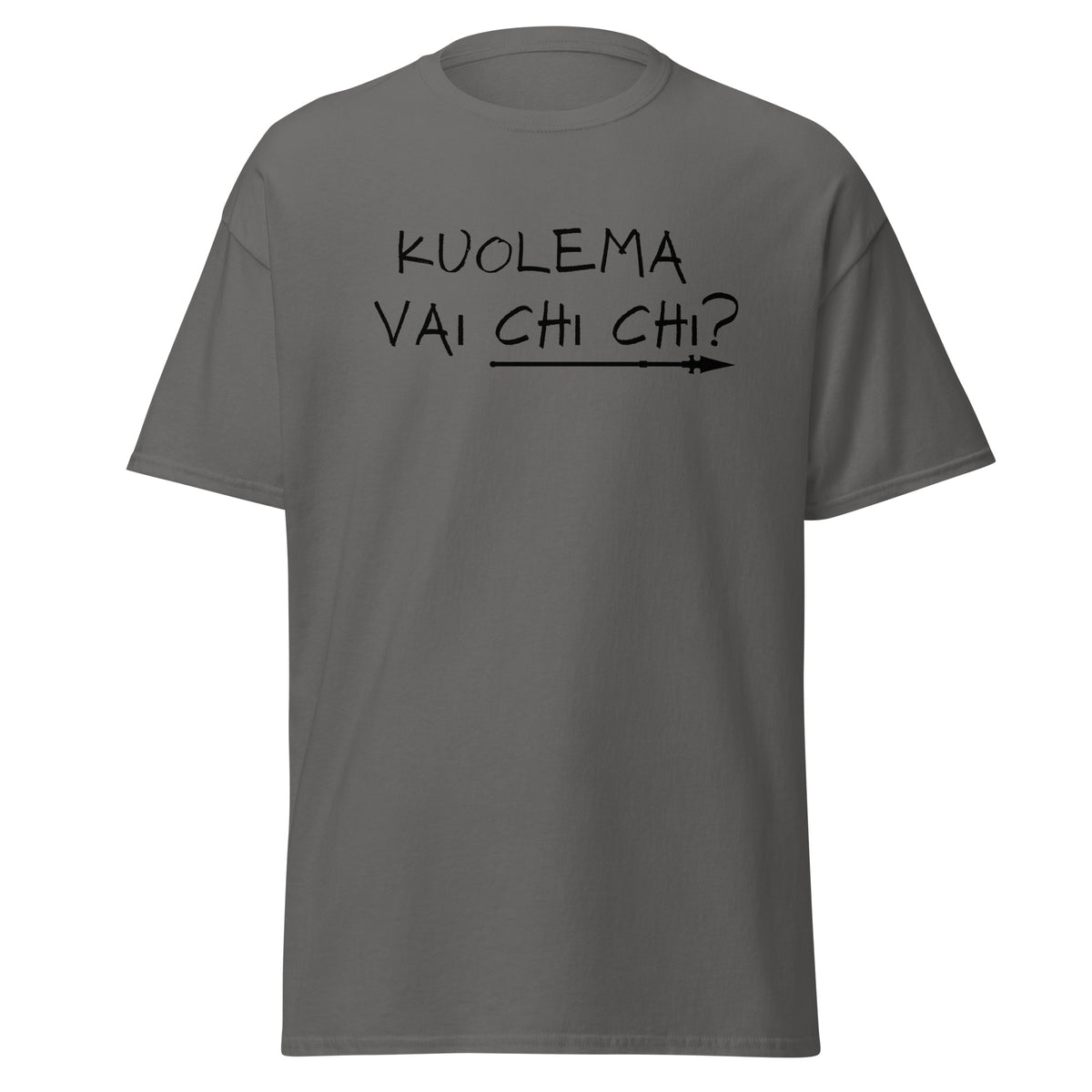 Meemirotta miesten paita harmaalla pohjalla, jossa teksti Kuolema vai chi chi?