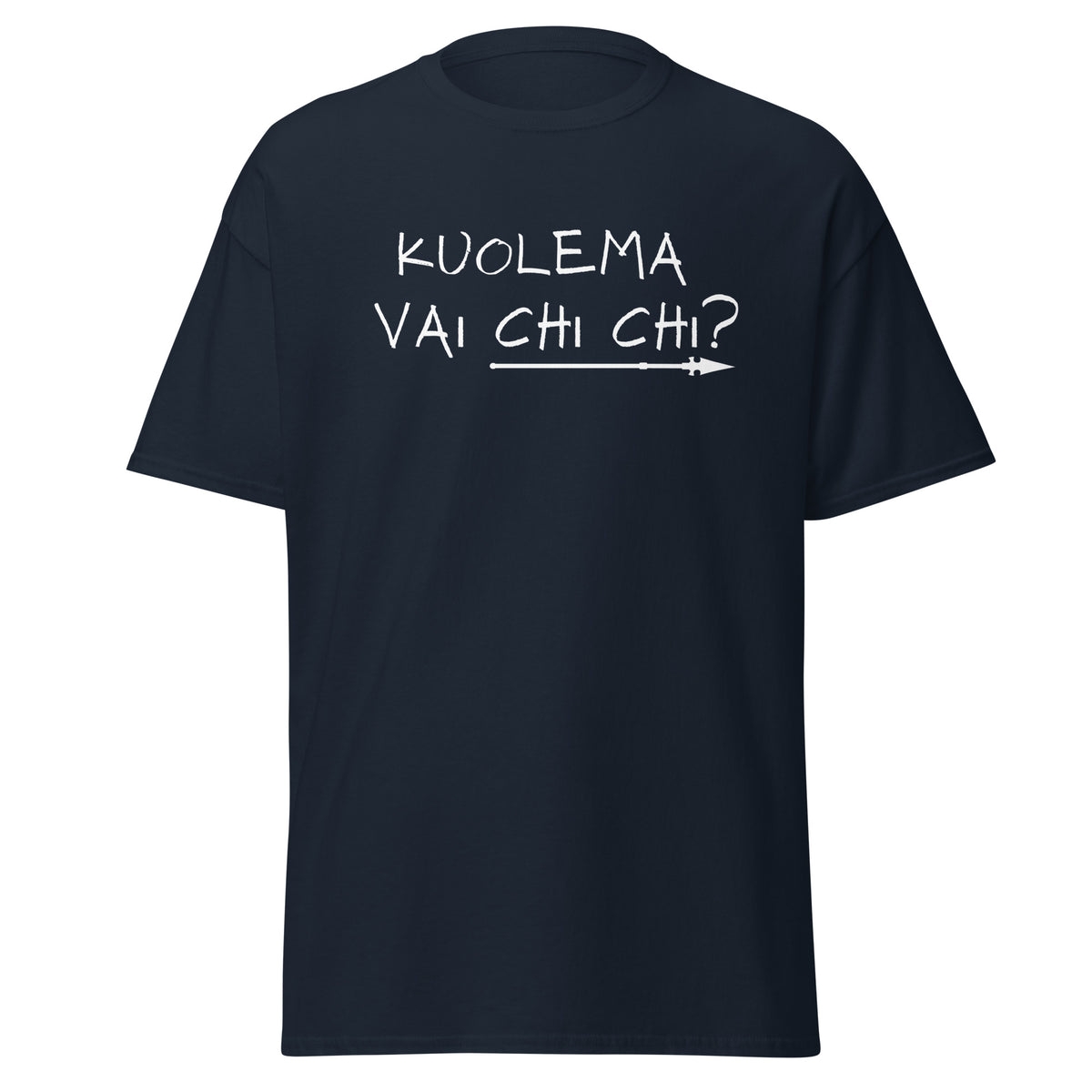 Miesten paita Meemirotta, tummansininen t-paita, jossa on hymyilevä teksti 'kuolema vai chi chi?'