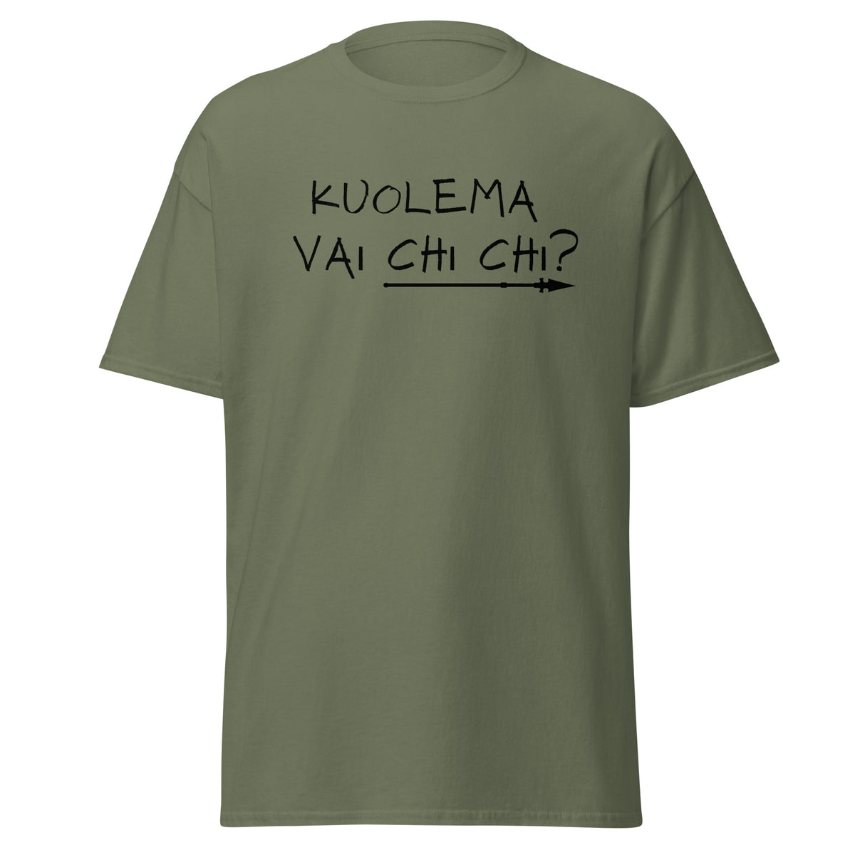 Meemirotta miesten paita vaaleanvihreällä värillä ja mustalla kuviolla kuolema vai chi chi?