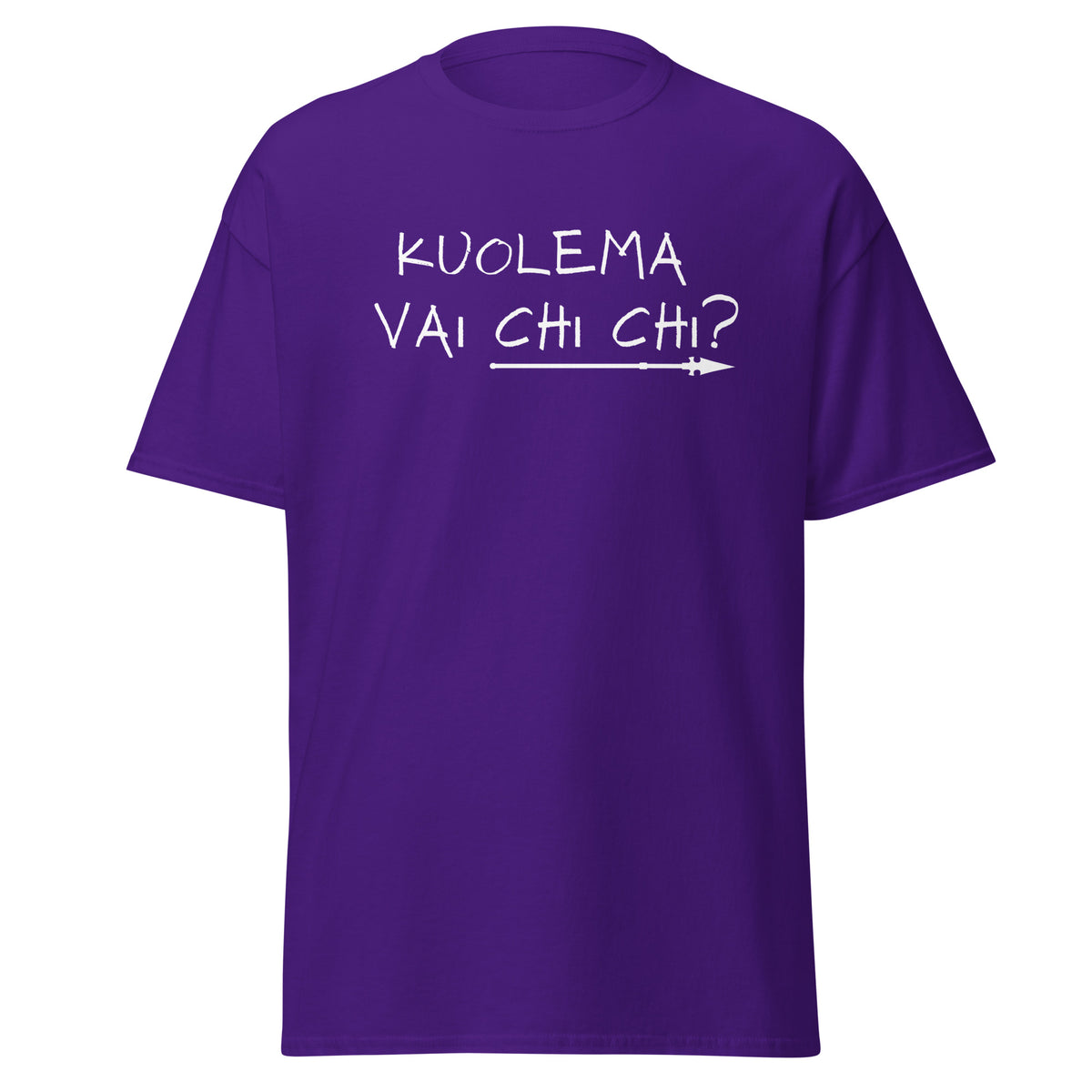Miesten paita Meemirotta, violetti t-paita valkoisella tekstillä 'kuolema vai chi chi?'