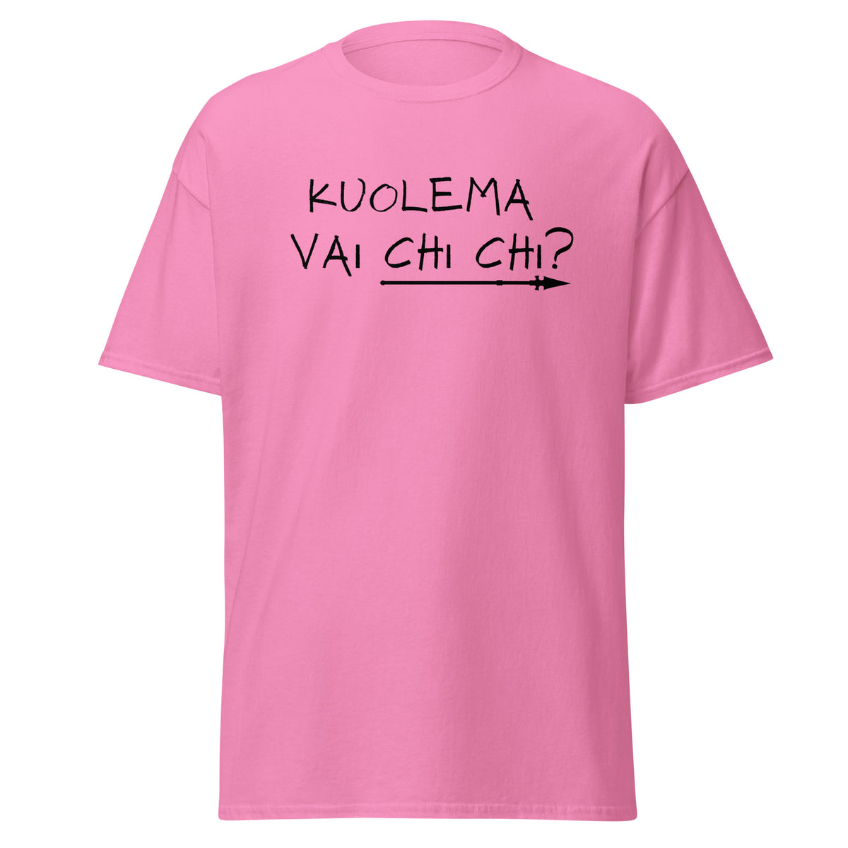 Vaaleanpunainen miesten paita, jossa on teksti 'KUOLEMA VAI CHI CHI?' edessä