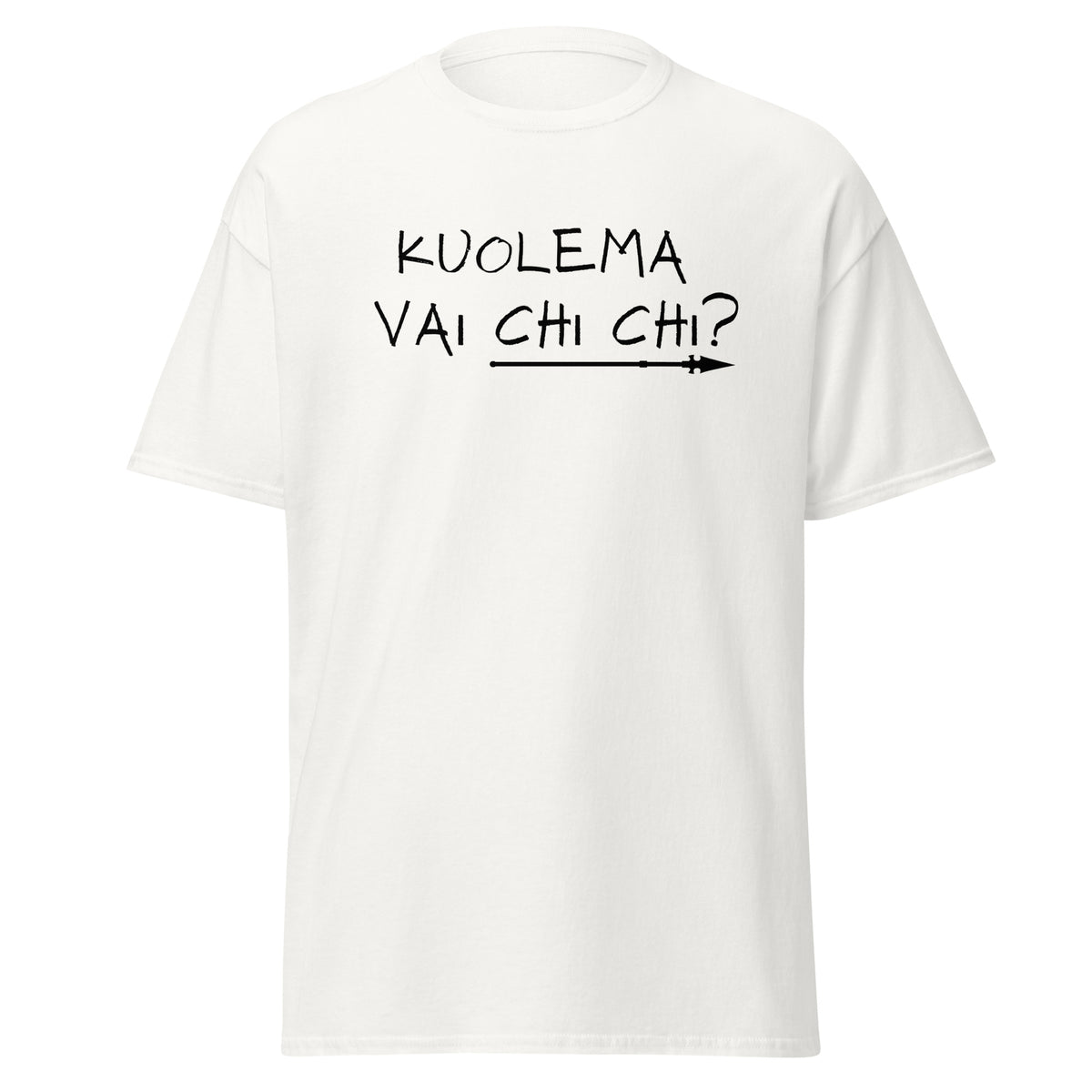 Miesten paita valkoinen, jossa musta teksti 'KUOLEMA VAI CHI CHI?' edessä