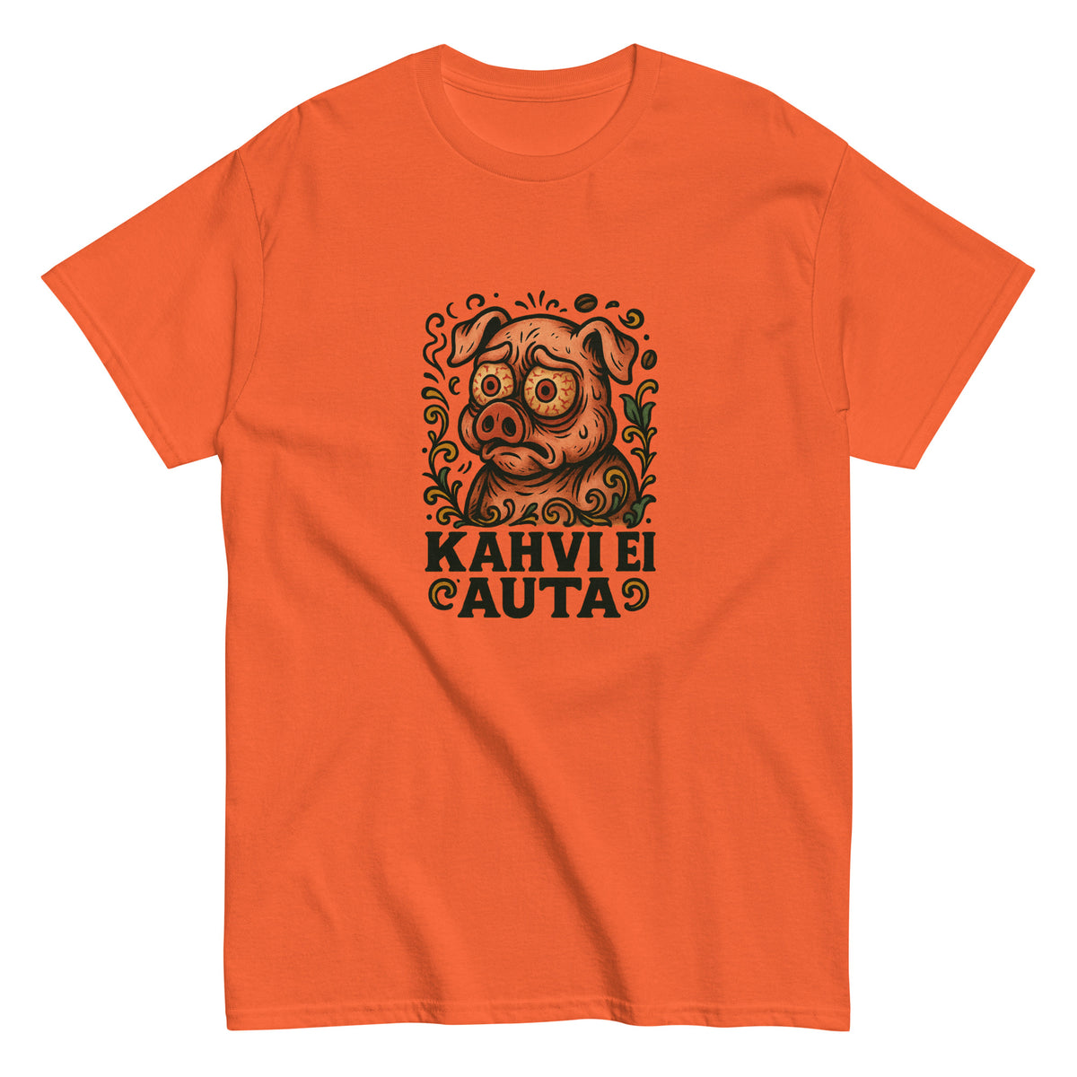 Oranssi Miesten t-paita, jossa on hauska sikakuva ja tekstit 'Kahvie Auta'.