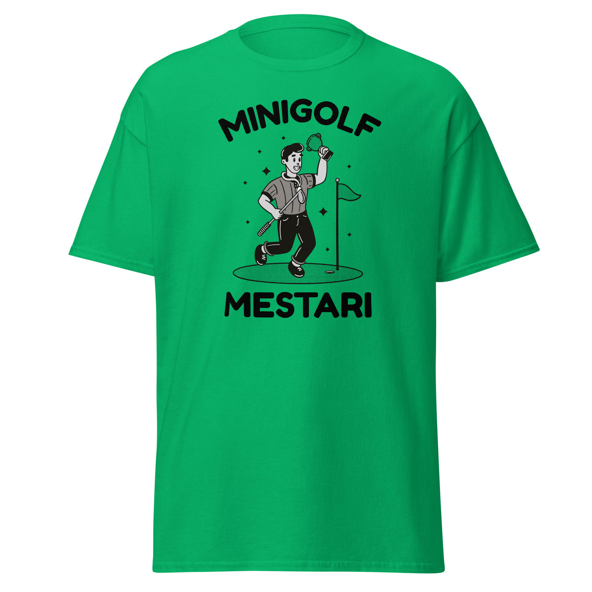 Vihreä T-paita, jossa on minigolf mestari -kuvio, hyvä lahjaidea golf-faneille