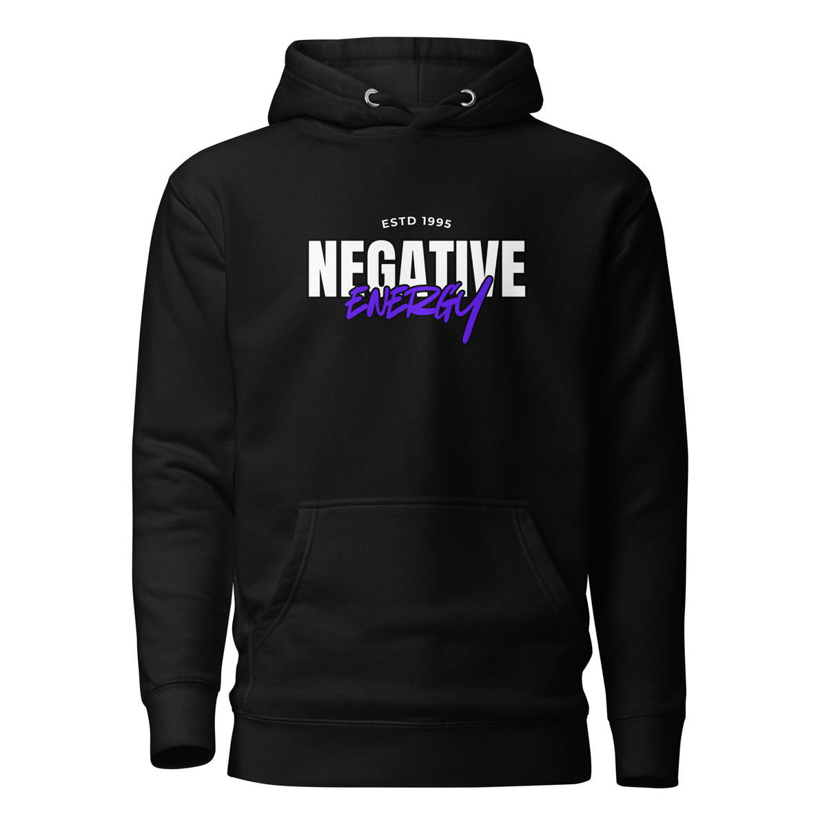 Meemirotta negatiivinen energia huppari mustassa värissä, jossa näyttävä logo edessä.