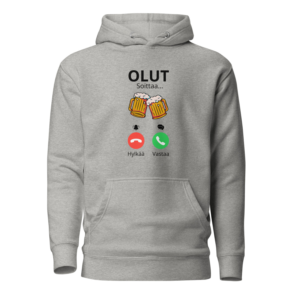 Harmaa olut huppari, jossa olut-aiheinen painatus ja puhelinsymbolit